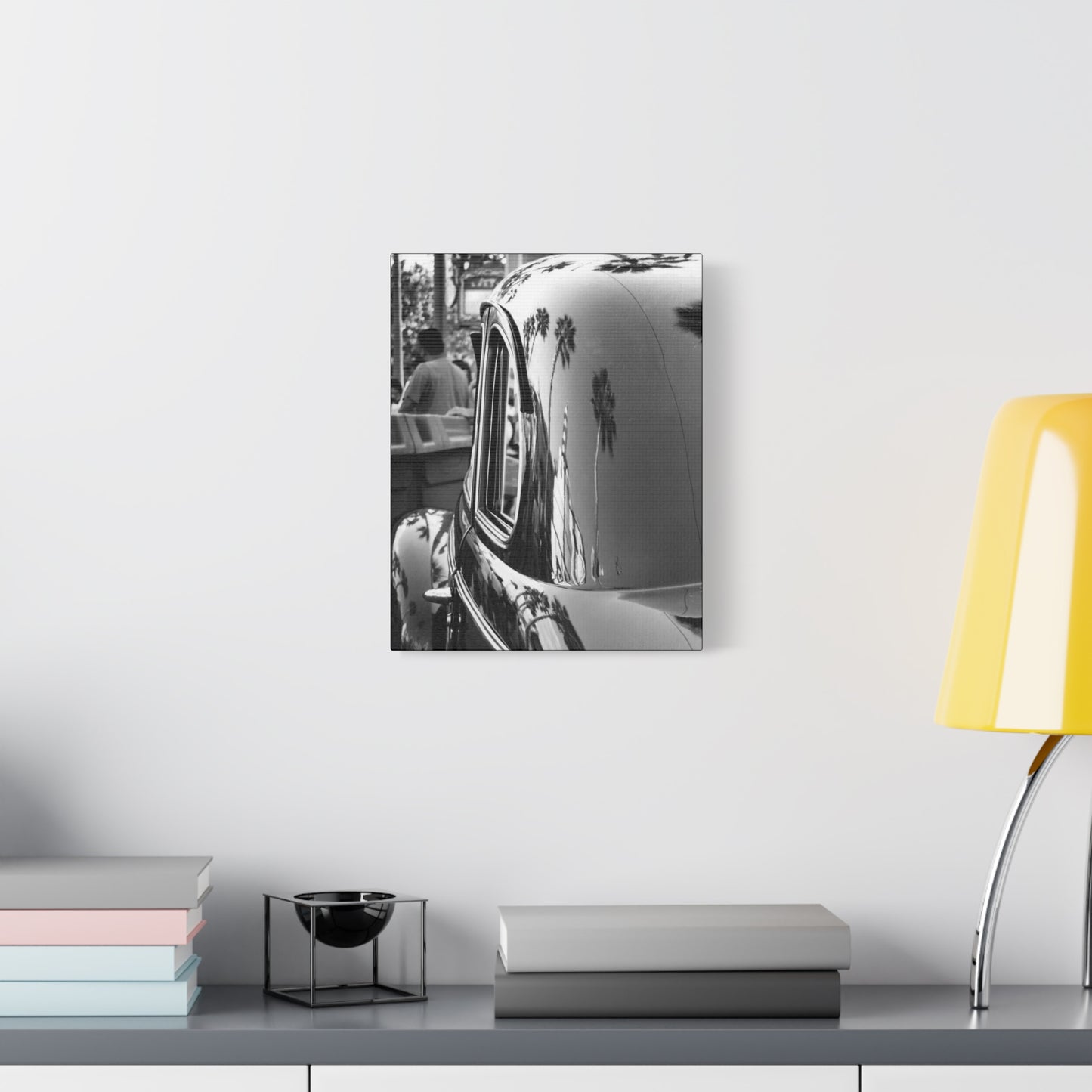 Vintage Car with Palm Tree Reflections Matte Stretched Canvas Art Photography Print, Florida Black & White Photography Wall Art 1.25"