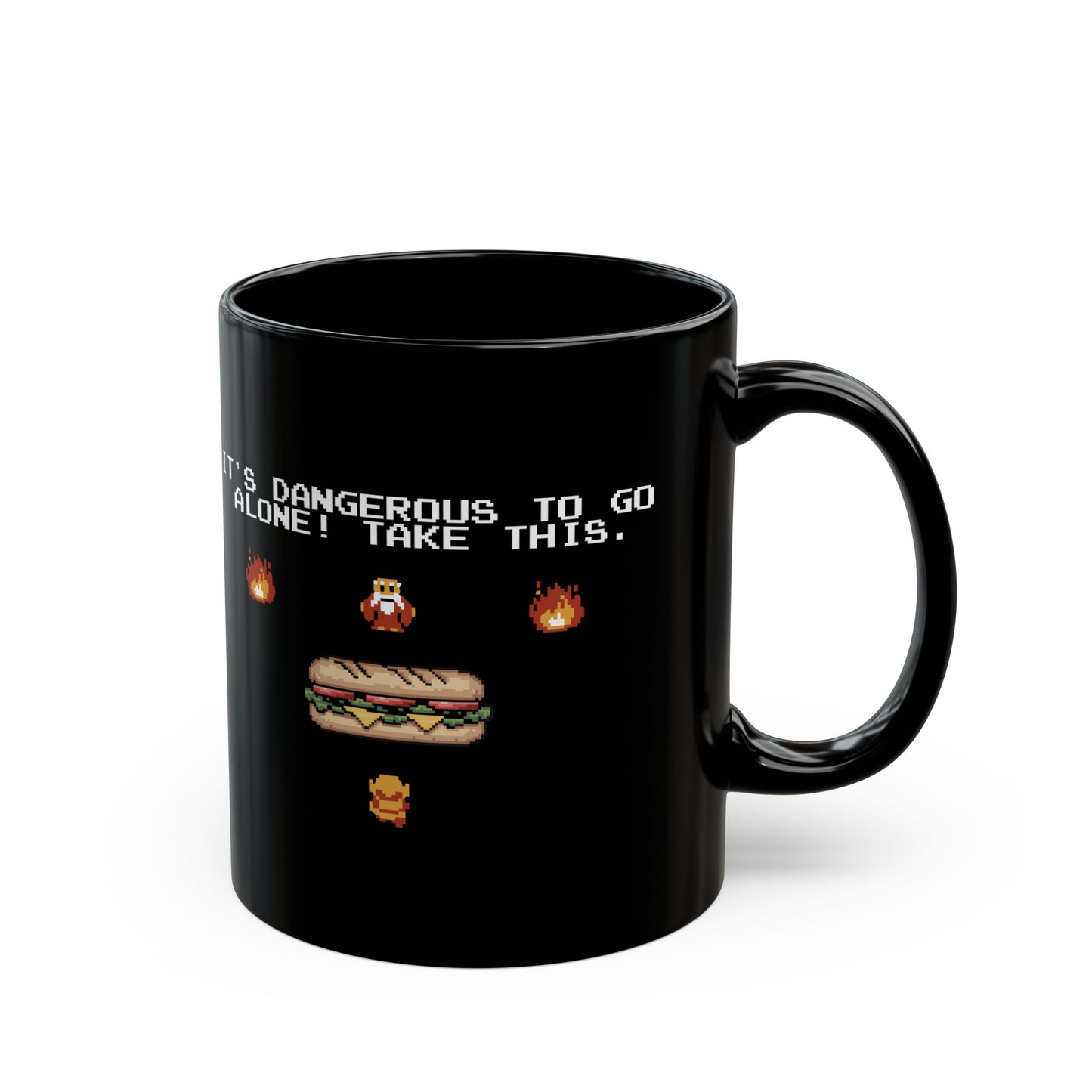 It's Dangerous To Go Alone, Take This! Black Coffee Mug, Throw Sandwiches At Fascists - Retro Gaming Mugs - Funny Political Gift for Gamers