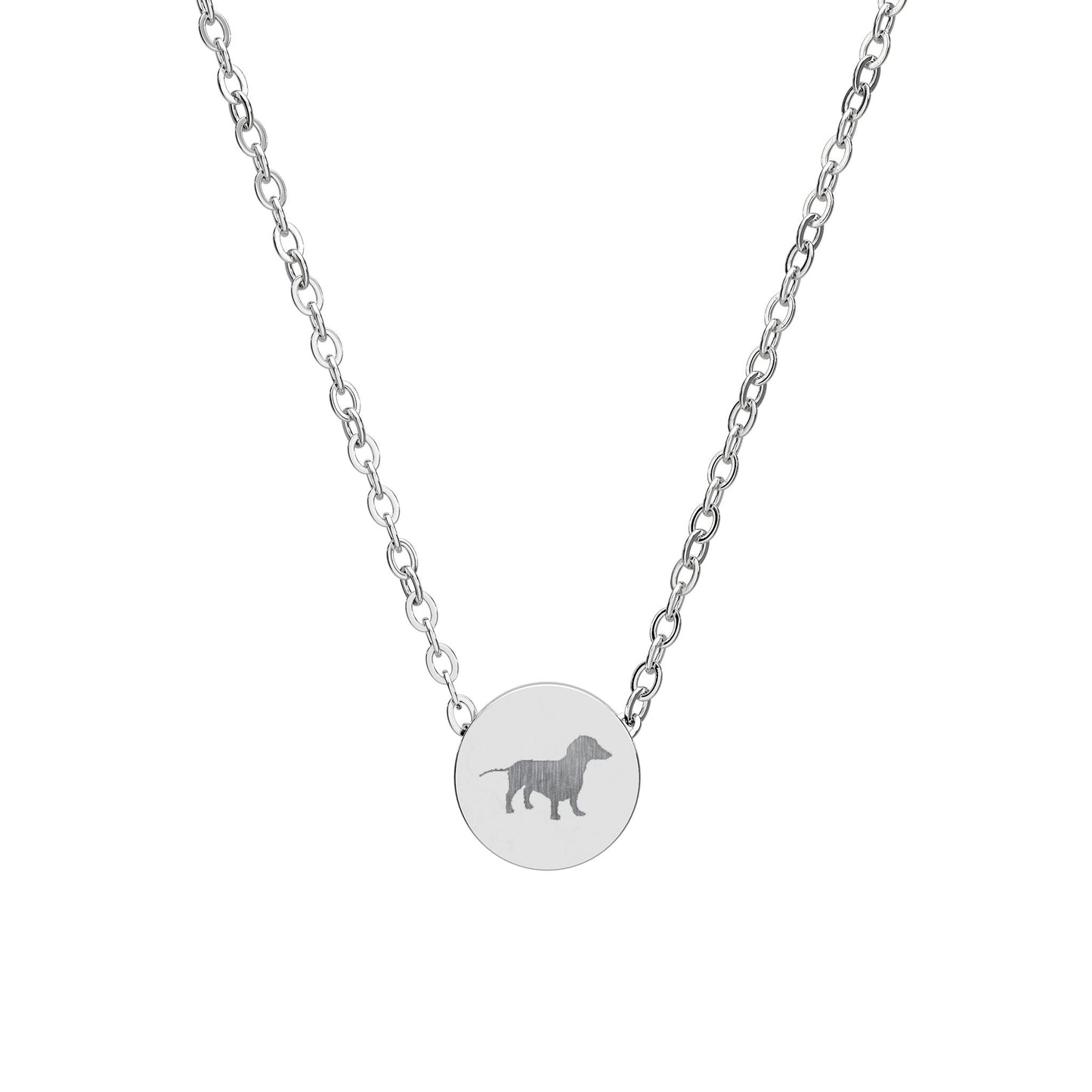 Dachshund Mini Engraved Circle Chain Necklace — Small Pendant Wiener Dog Silhouette Engraving, Stainless Steel, Pet Owner Memorial Gifts