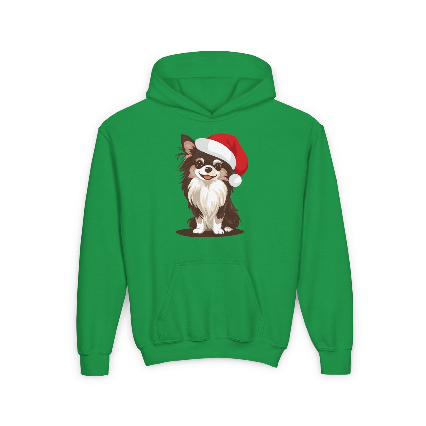 Christmas Long Haired Chihuahua Dog Kids Pullover Hoodie, Holiday Xmas Dogs Santa Hat Youth Hooded Sweatshirt, Winter Childrens Hoodies