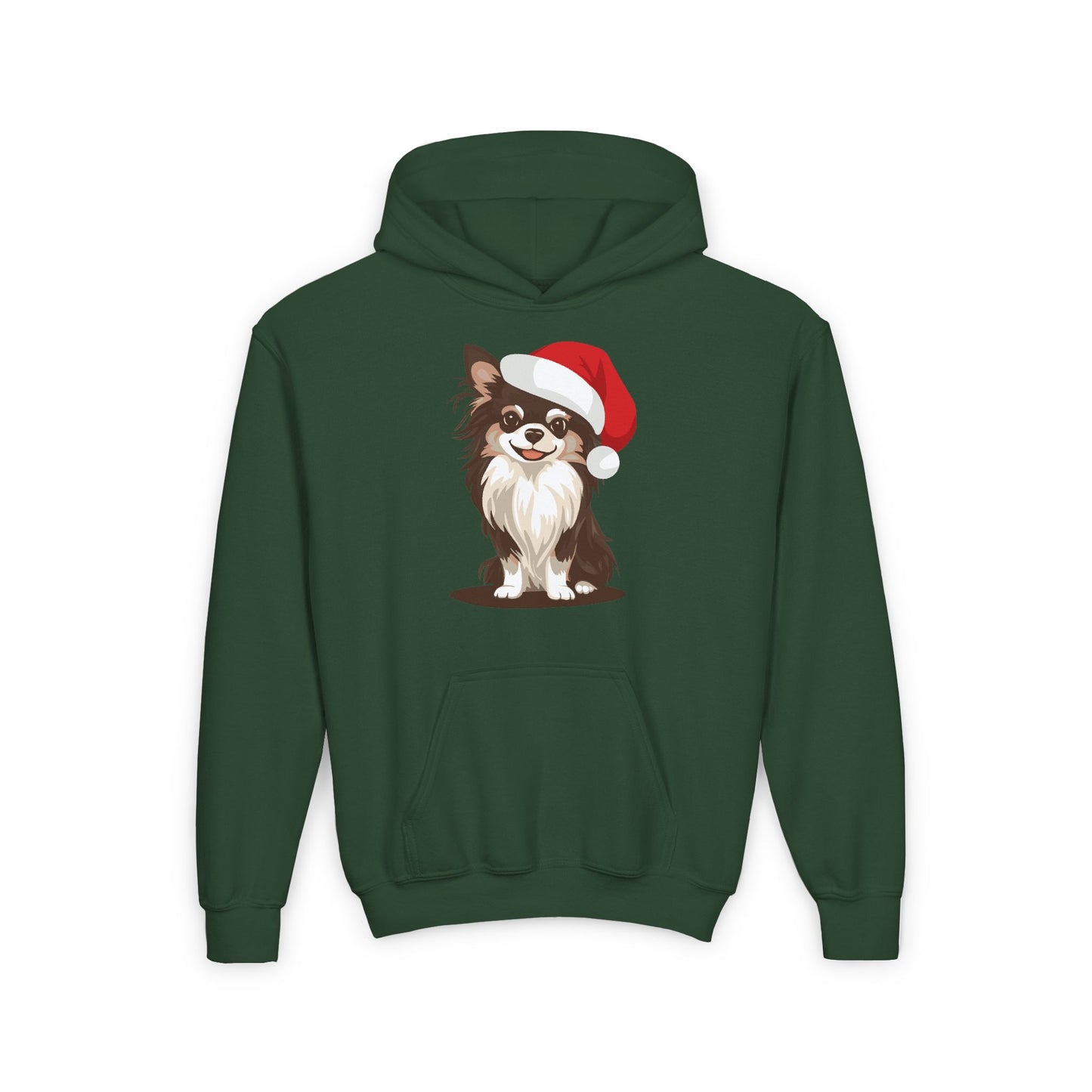 Christmas Long Haired Chihuahua Dog Kids Pullover Hoodie, Holiday Xmas Dogs Santa Hat Youth Hooded Sweatshirt, Winter Childrens Hoodies