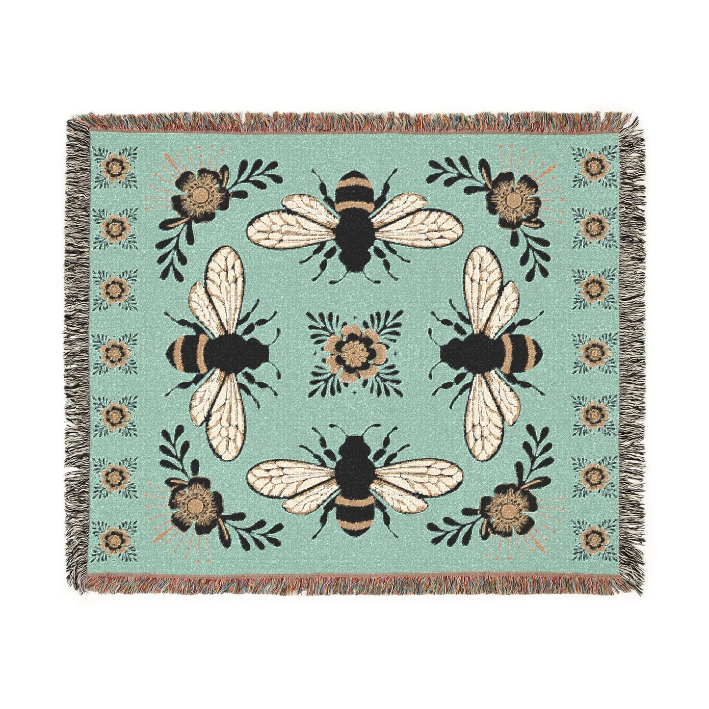 Bees and Flowers Botanical Woven Blanket | Home Decor Floral Bee Throw Blankets, 4 Bee Pattern Gift for Women