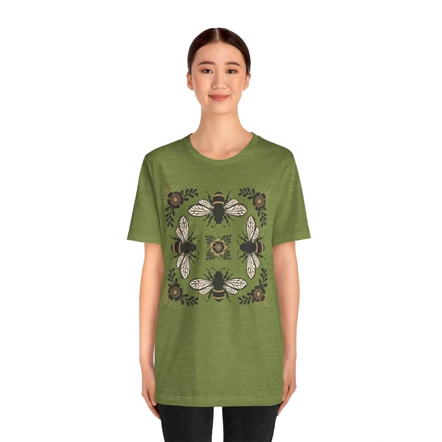 Bees & Flowers Botanical T-Shirt, Nature Lover Tee, Garden Gift for Women, Spring Summer Ladies Top, Tee with Four Bees Floral Graphic
