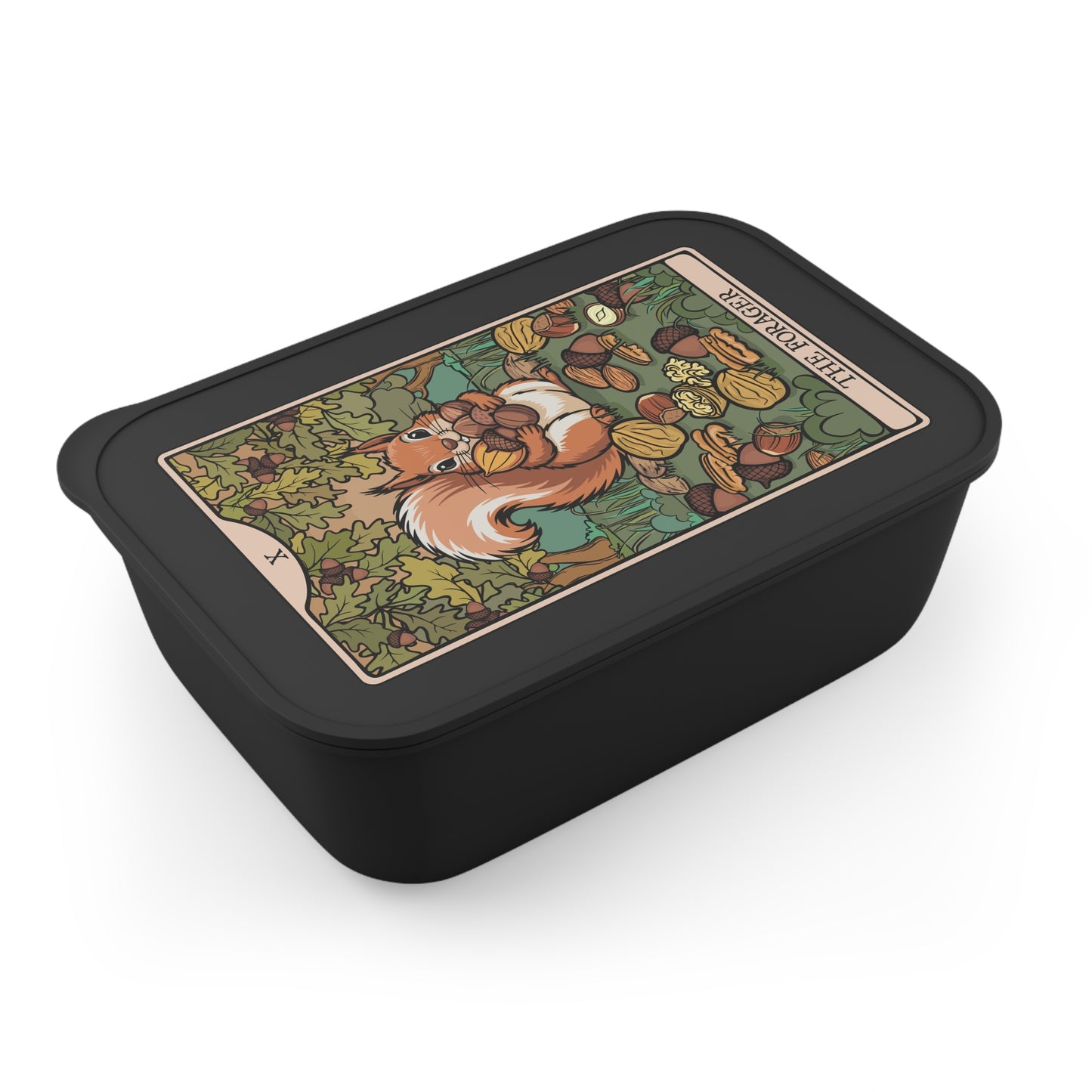 Forager Squirrel and Acorns Tarot Card Illustration Bento Box | PLA Lunch Box with Band, Foraging Squirrels Woodland Artwork