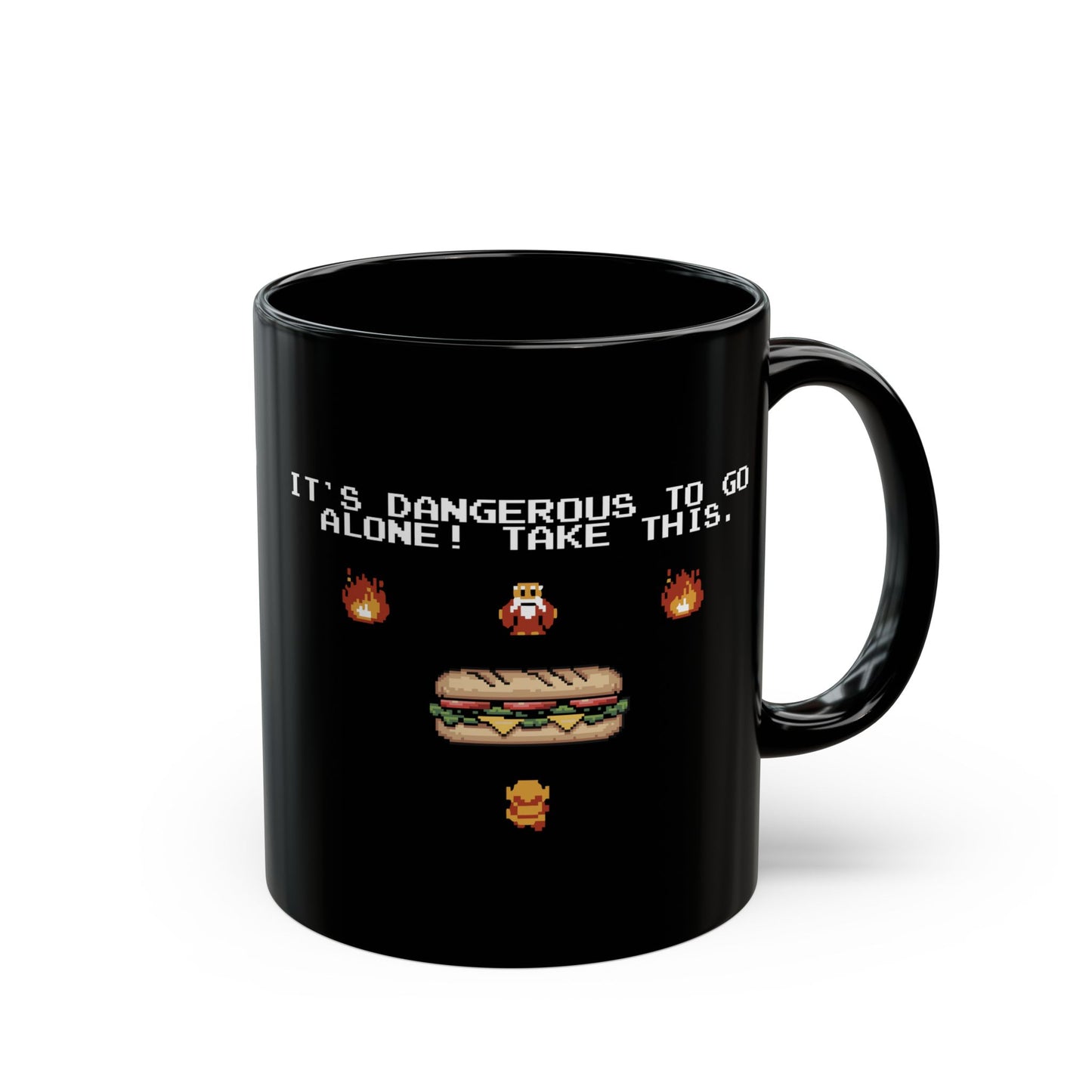 It's Dangerous To Go Alone, Take This! Black Coffee Mug, Throw Sandwiches At Fascists - Retro Gaming Mugs - Funny Political Gift for Gamers