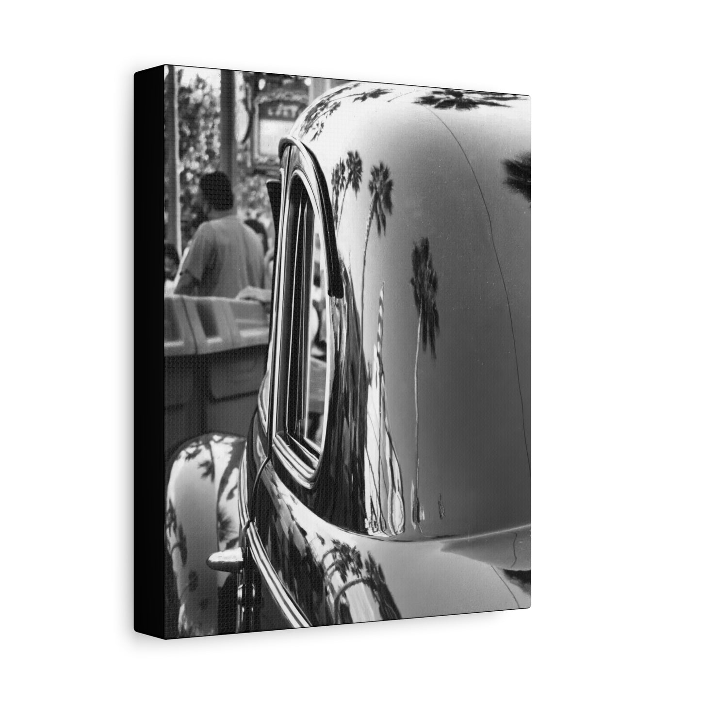 Vintage Car with Palm Tree Reflections Matte Stretched Canvas Art Photography Print, Florida Black & White Photography Wall Art 1.25"