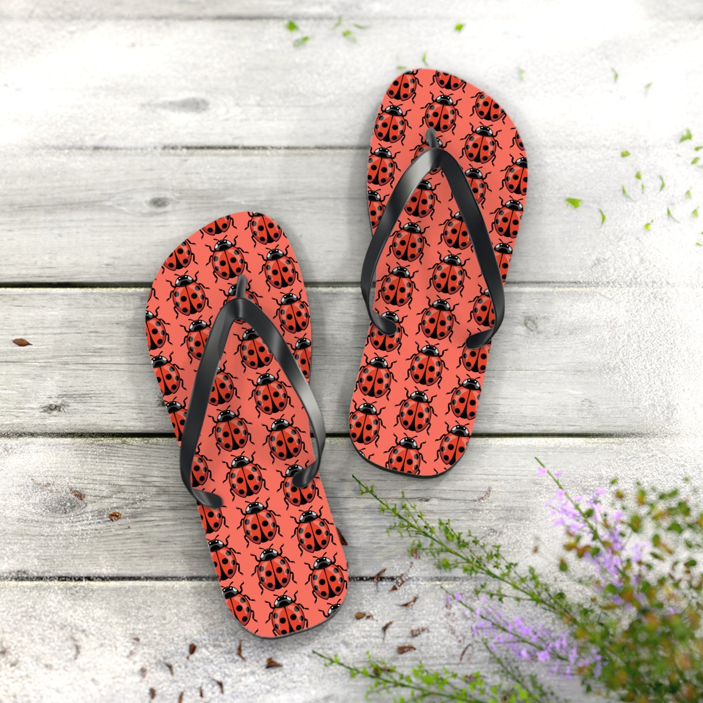 Ladybug Pattern Flip Flops | Red Insect Bug Print Summer Sandals, Ladybugs Beach Pool Footwear