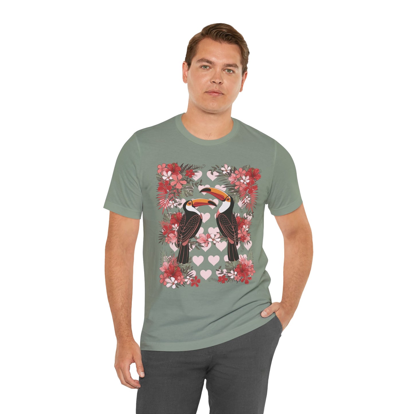 Toucan Tropical Love Birds T-shirt, Casual Summer Shirt, Gift for Bird Lovers, Vacation Wear, Floral Nature Inspired Tee