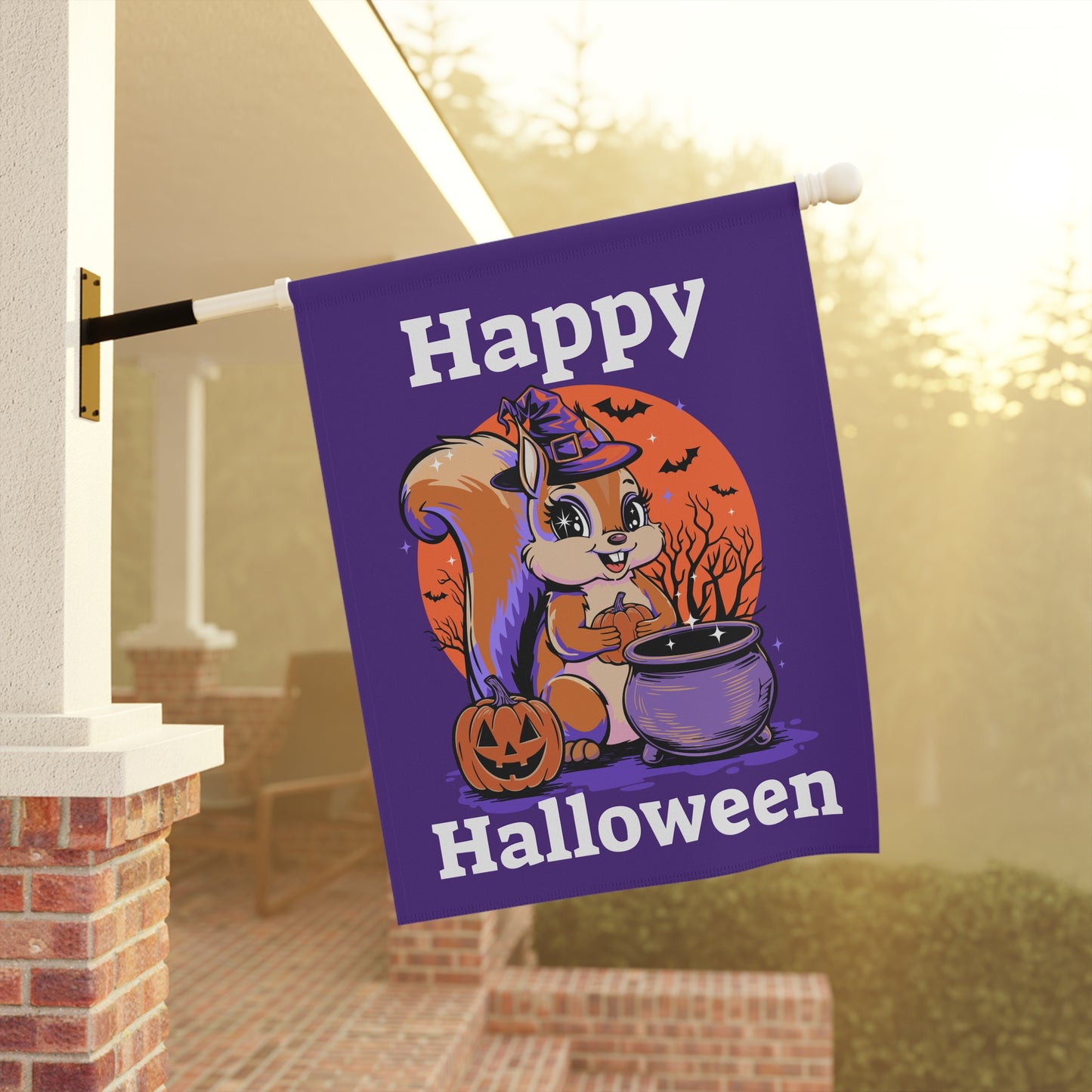 Happy Halloween Witchy Squirrel Yard Banner Flag, Halloween Witch Squirrels Pumpkin Cauldron & Bats, Spooky Magical Home Decorations