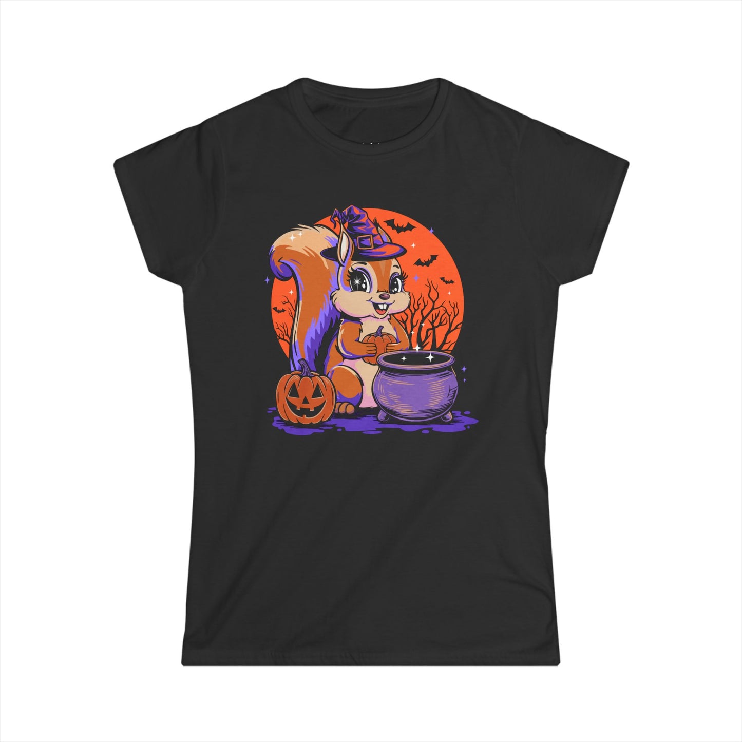Witchy Squirrel Women's T-shirt, Halloween Witch Squirrels Pumpkin Cauldron & Bats, Spooky Magical Semi-Fitted Ladies Tee