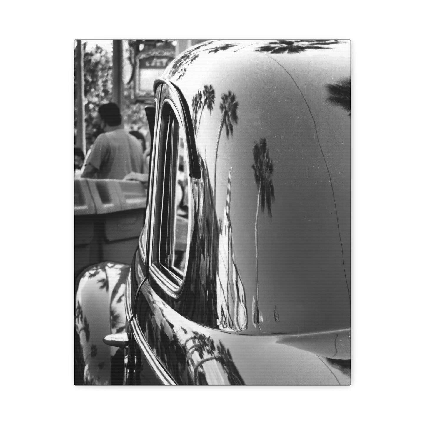 Vintage Car with Palm Tree Reflections Matte Stretched Canvas Art Photography Print, Florida Black & White Photography Wall Art 1.25"
