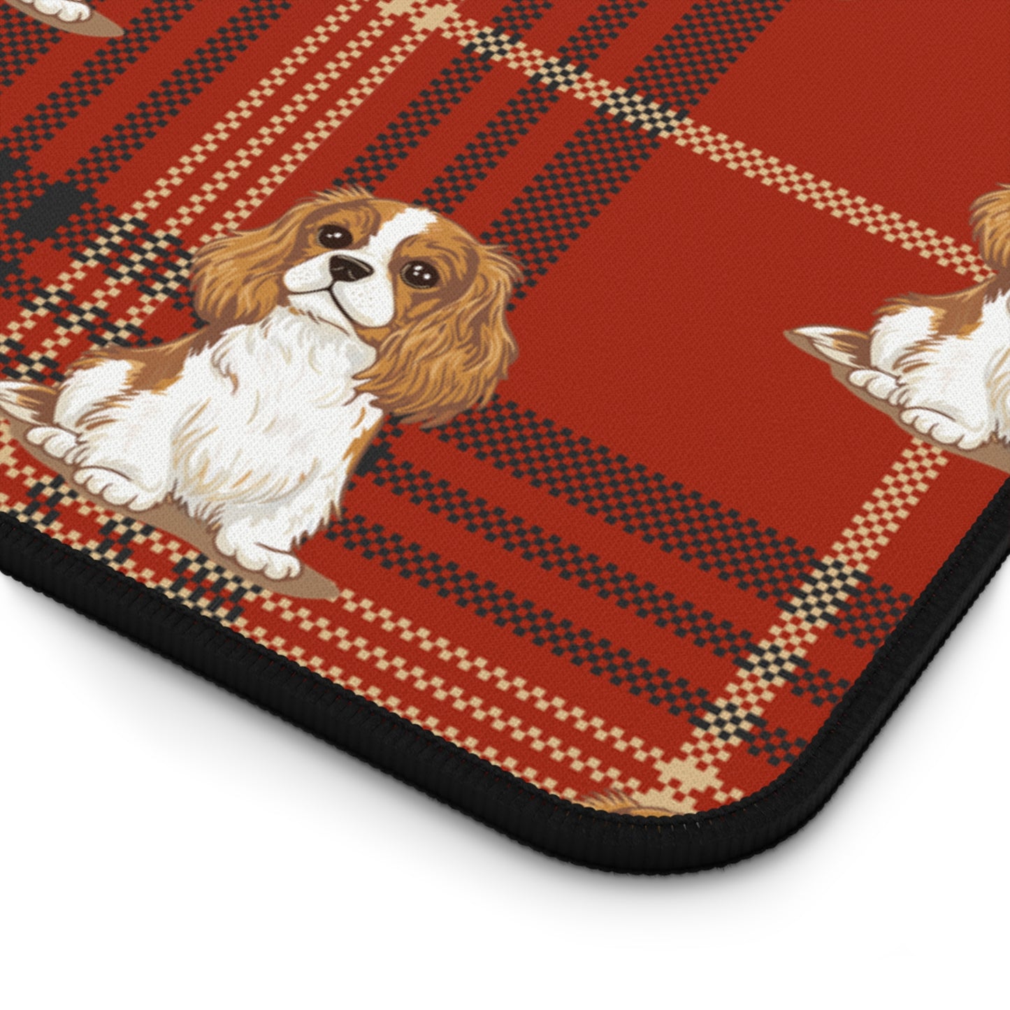 Blenheim Cavalier King Charles Spaniel Dogs Pattern Desk Mat | Red Tartan Plaid Puppy Mouse Pad Surface