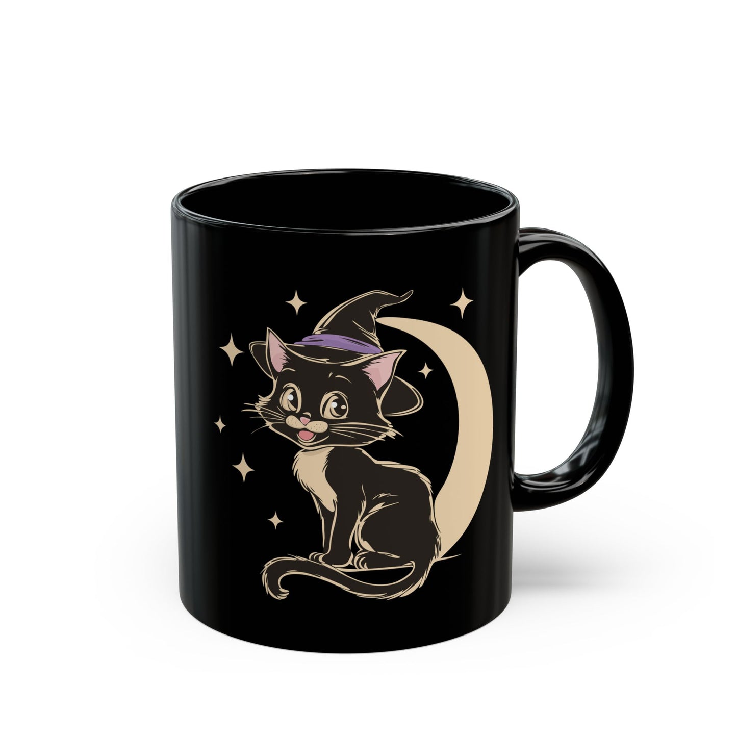 Witchy Kitty Black Ceramic Coffee Mug (11oz, 15oz) with Spooky Halloween Black Cat with Witch Hat & Moon Print