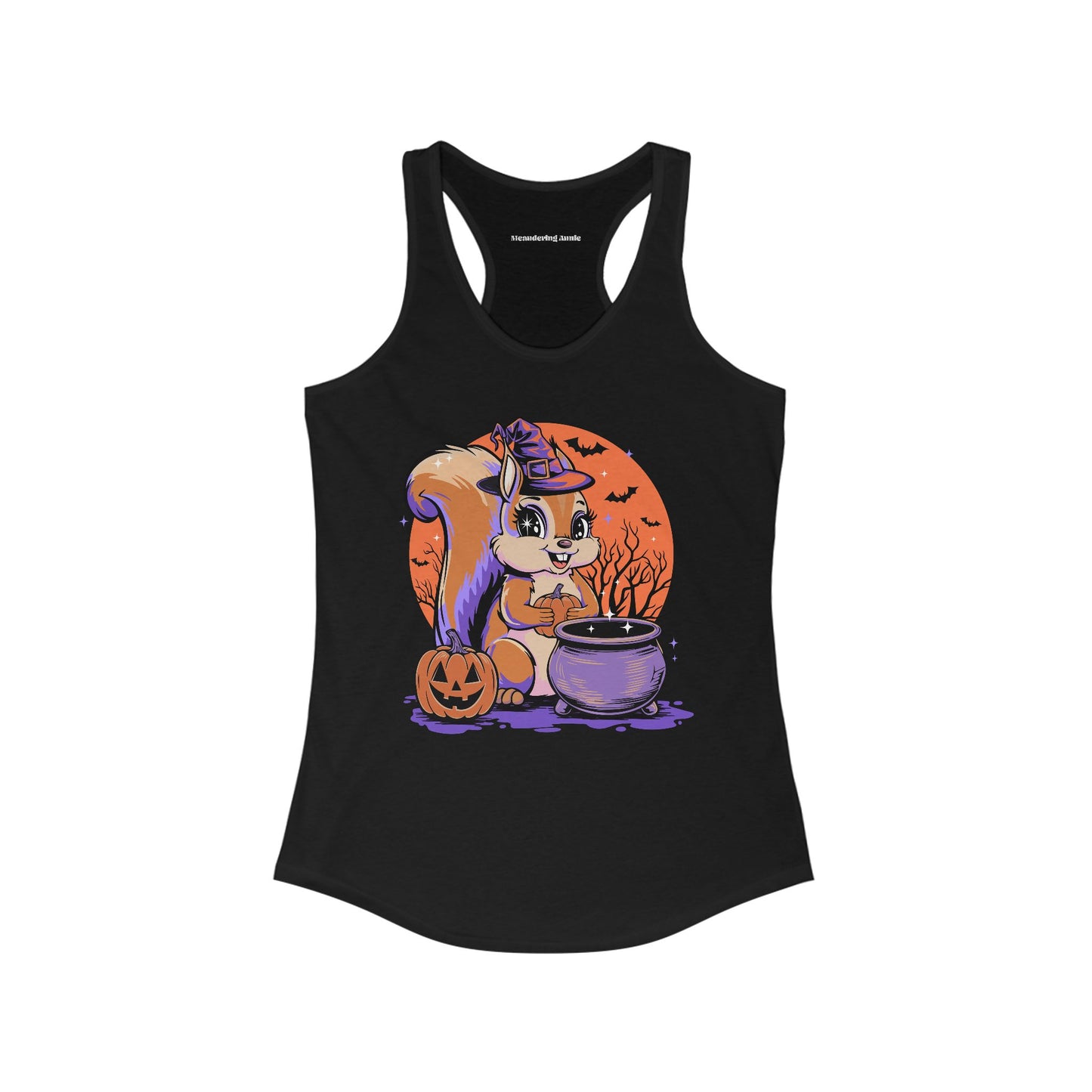 Witchy Squirrel Women's Racerback Tank Top, Halloween Witch Squirrels Pumpkin Cauldron & Bats, Spooky Magical Ladies Sleeveless Shirt