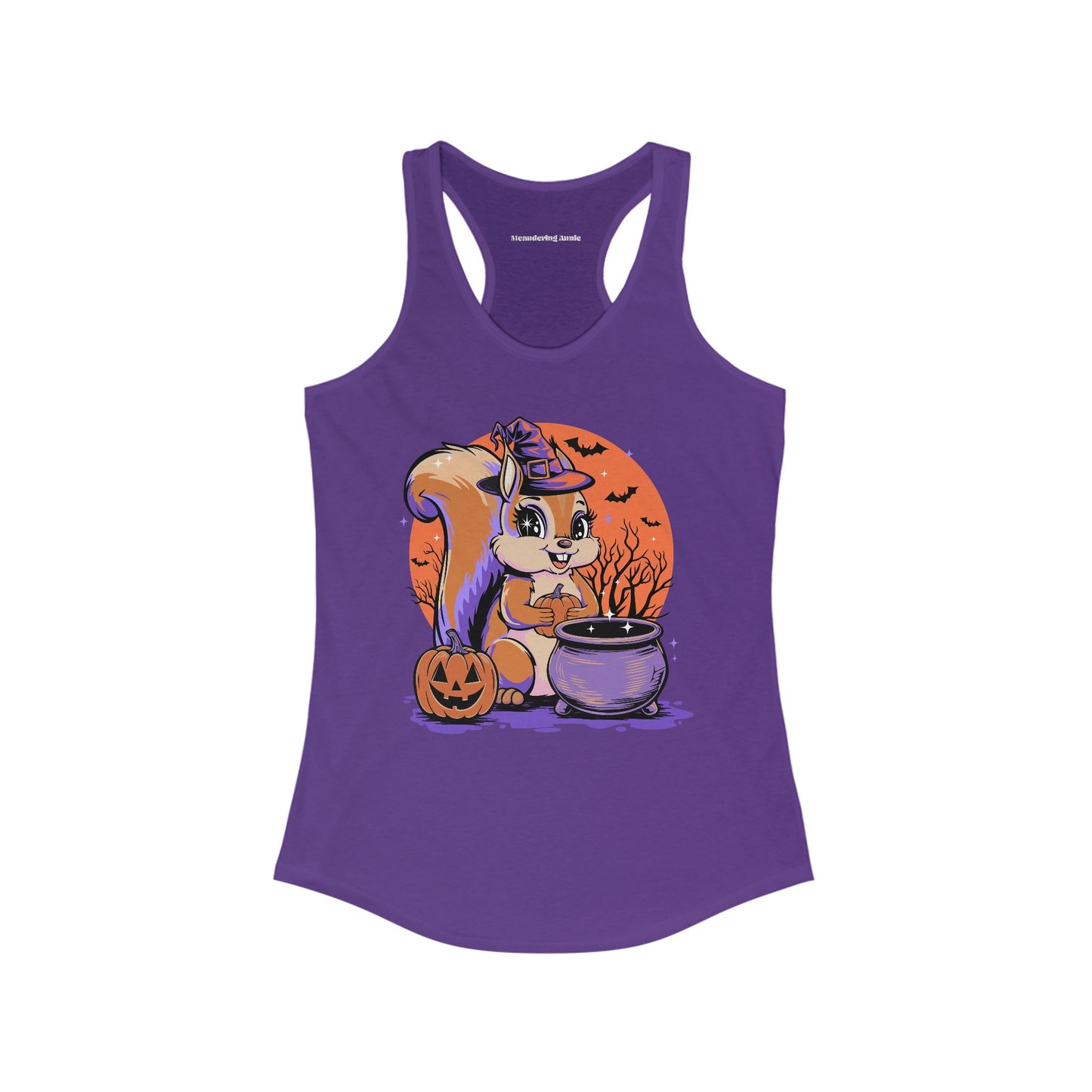 Witchy Squirrel Women's Racerback Tank Top, Halloween Witch Squirrels Pumpkin Cauldron & Bats, Spooky Magical Ladies Sleeveless Shirt