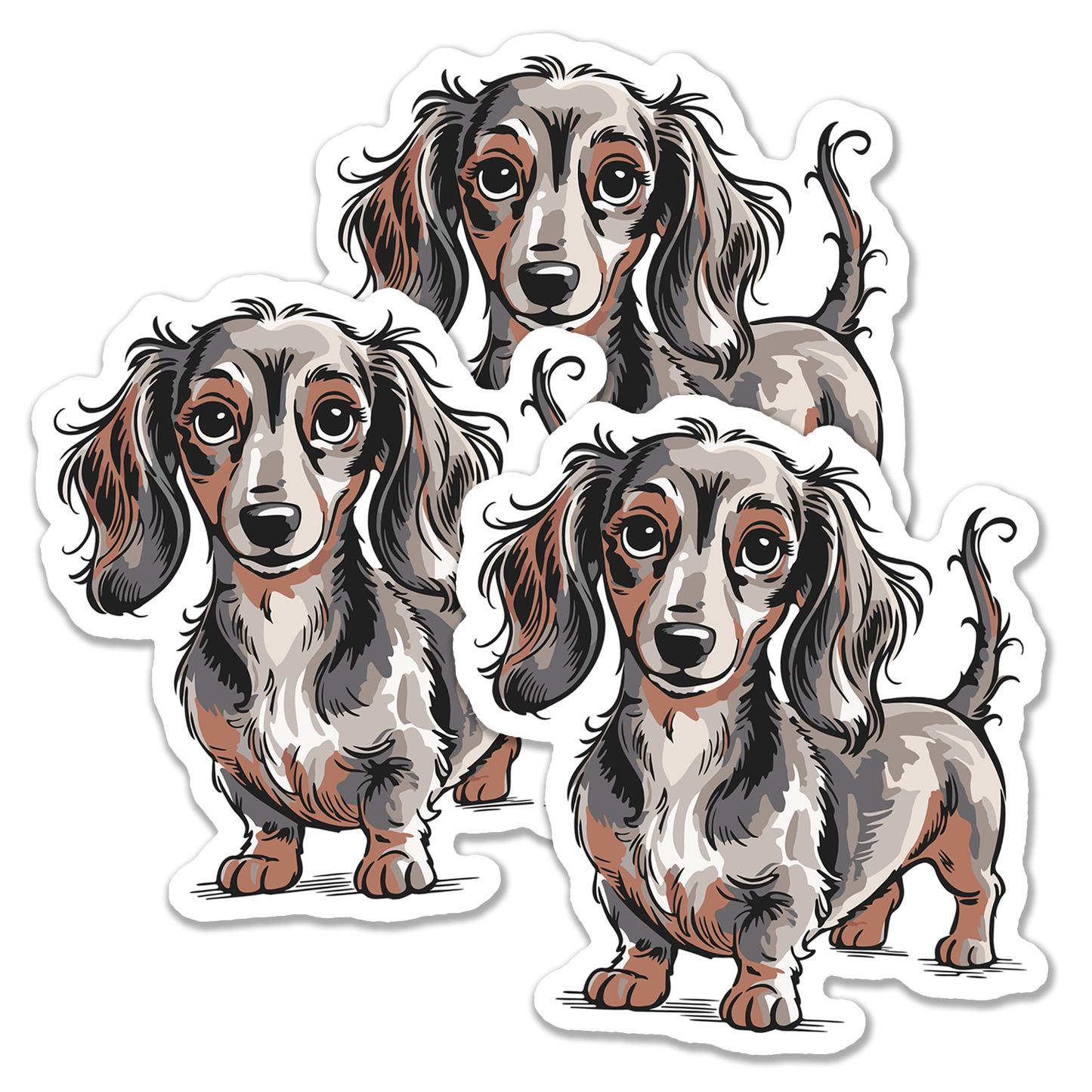 4" Long Haired Dachshund Dog Sticker - Gray & Brown Wiener Dogs Dachshunds Waterproof Vinyl Decal Stickers Long Coat Puppy