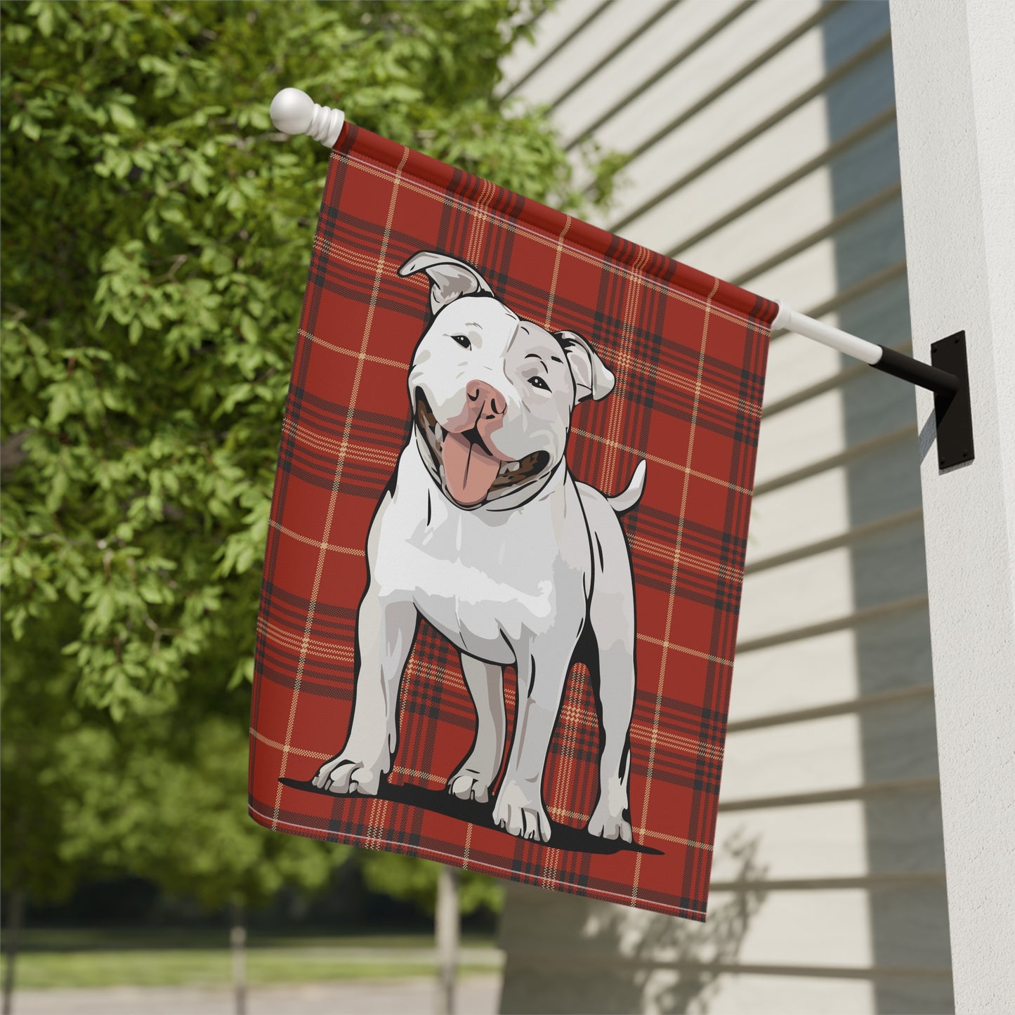 White Pit Bull Terrier Dog Red Plaid Outdoor Garden Banner Flag, Pitbull Christmas Holiday Yard Decorations
