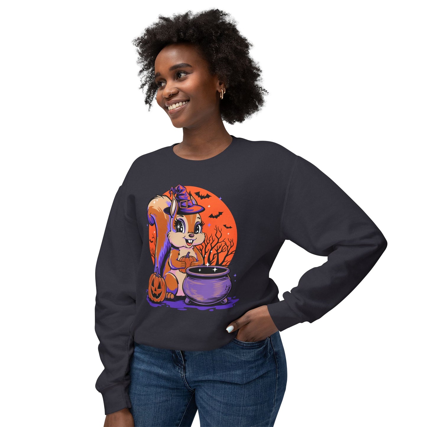 Witchy Squirrel Crewneck Sweatshirt, Halloween Witch Squirrels Pumpkin Cauldron & Bats, Spooky Magical Lightweight Pullover Sweater