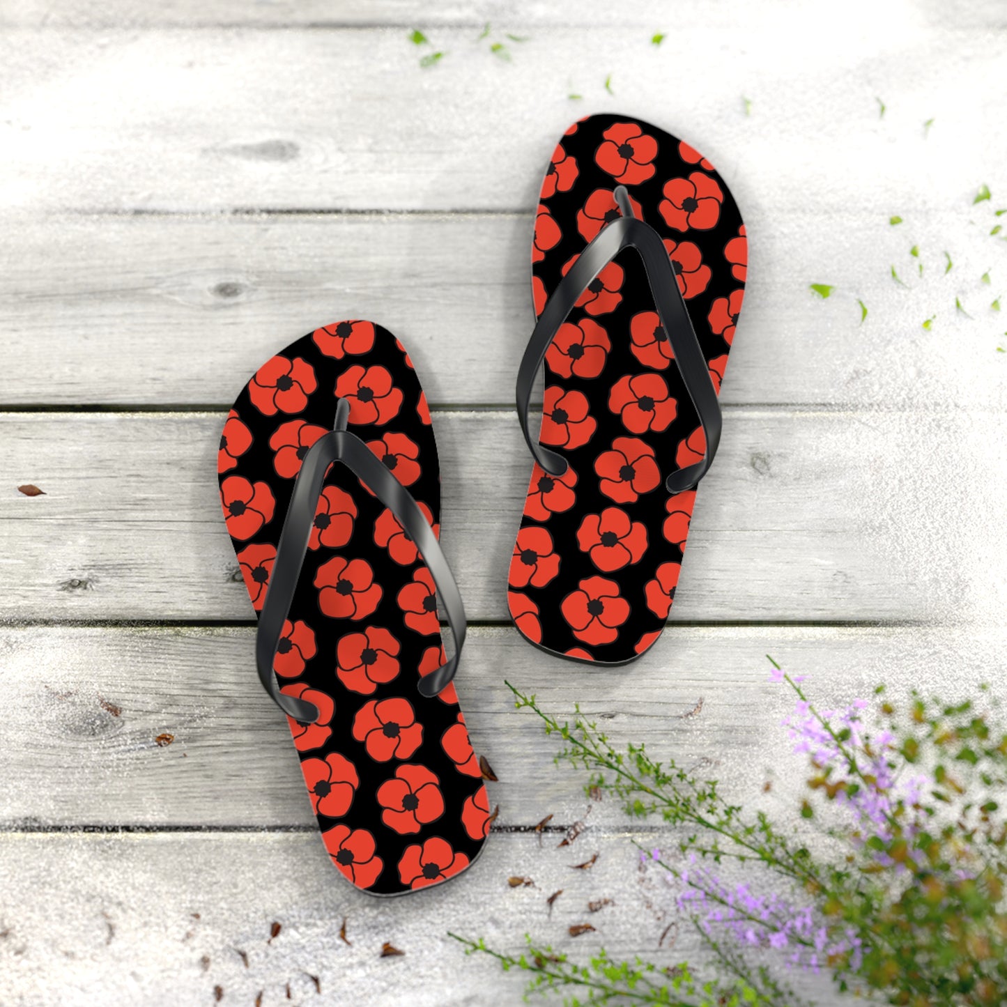 Floral Poppies Flip Flops - Poppy Flowers Spring Summer Sandals, Beach Footwear, Vacation Essentials, Outdoor Relaxation, Gift for Her