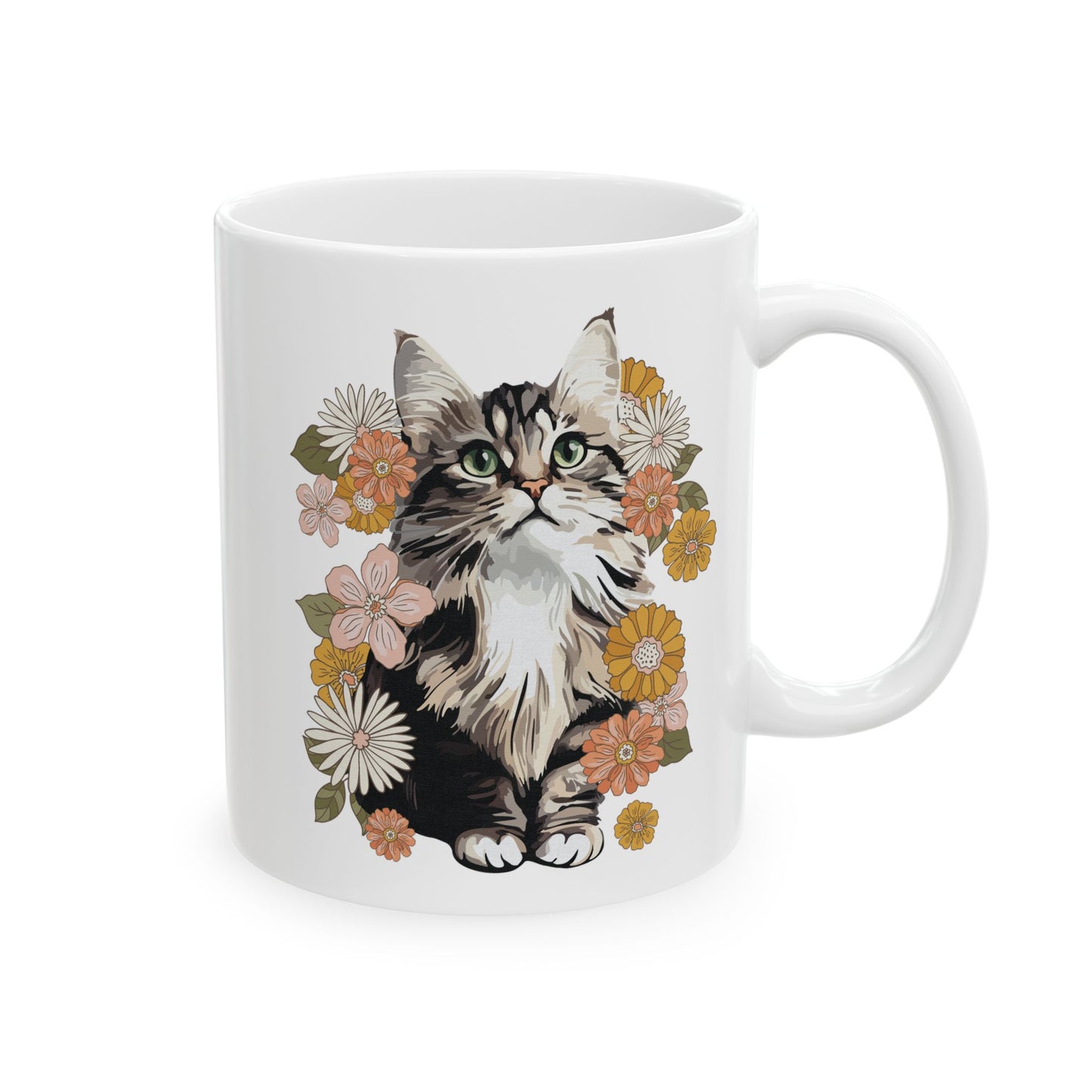 Moonchi Fluffy Kitty In Flowers Coffee Mug, Floral Cat Design Ceramic Mugs, Boho Flower Aesthetic Tea Cup Gift