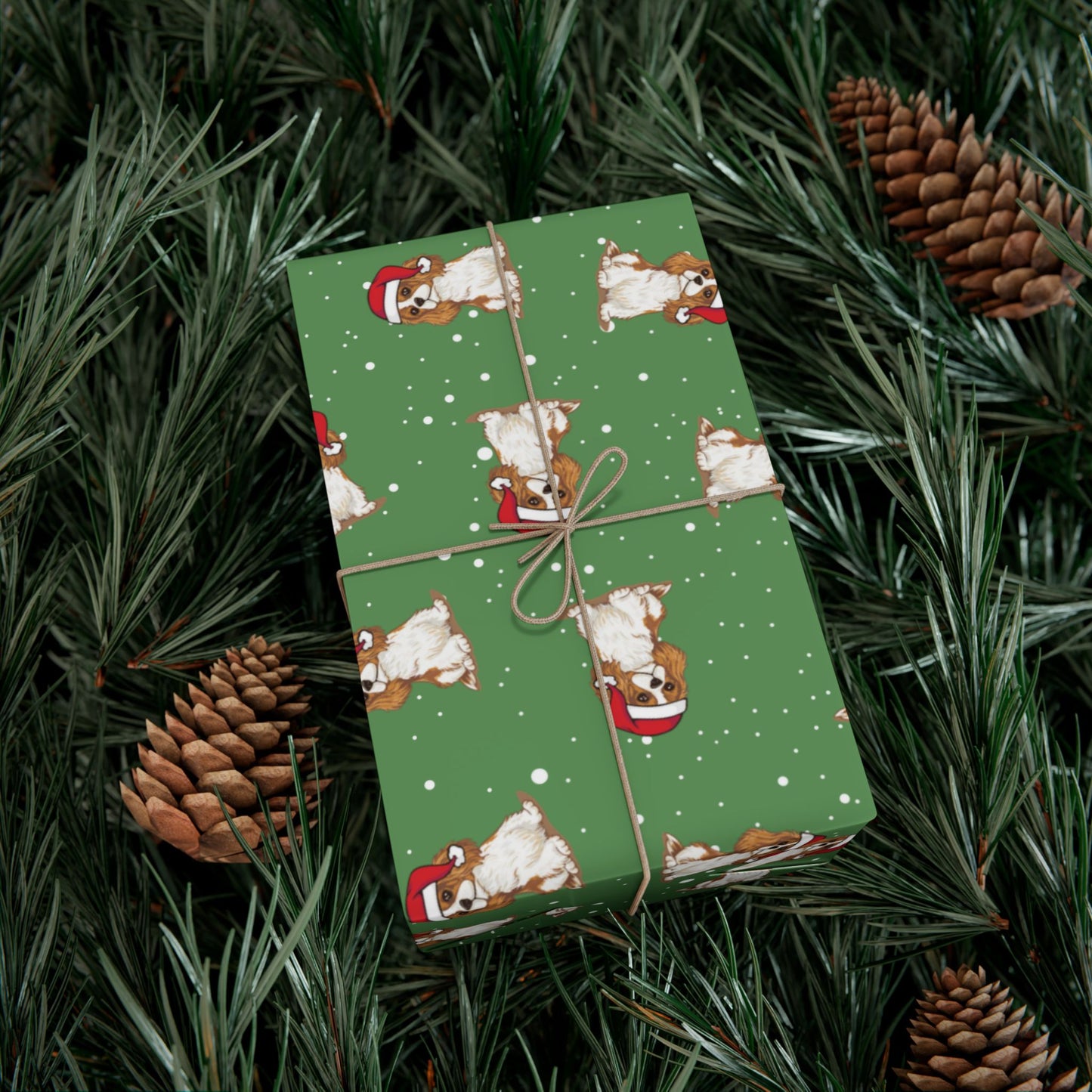 Blenheim Cavalier King Charles Spaniel Dog Christmas Wrapping Paper, Dogs Print, Green Holiday Gift Wrap With Snowy Xmas Puppy Santa Hat