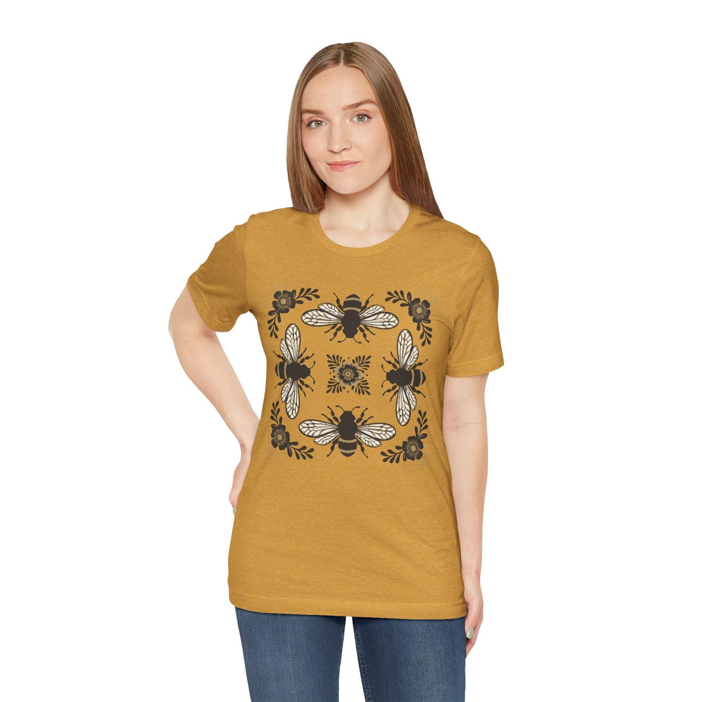Bees & Flowers Botanical T-Shirt, Nature Lover Tee, Garden Gift for Women, Spring Summer Ladies Top, Tee with Four Bees Floral Graphic
