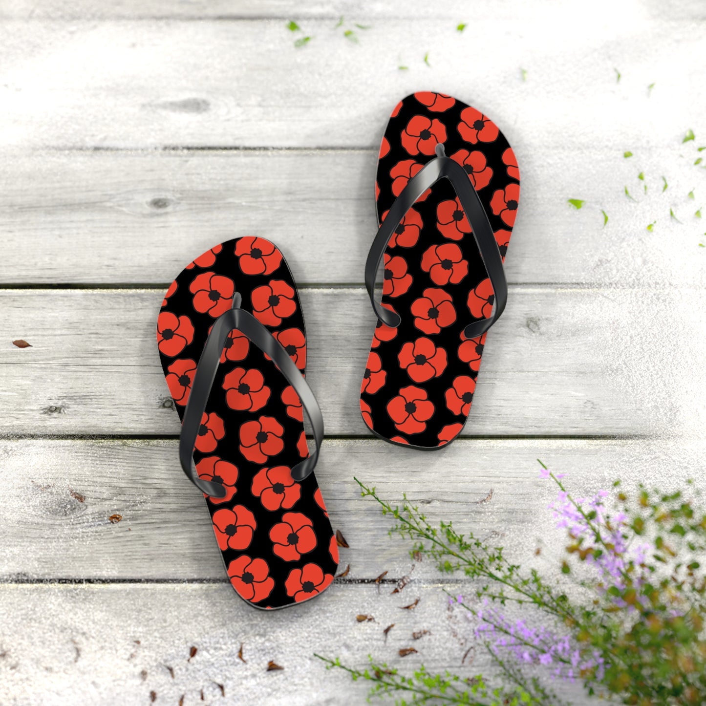 Floral Poppies Flip Flops - Poppy Flowers Spring Summer Sandals, Beach Footwear, Vacation Essentials, Outdoor Relaxation, Gift for Her