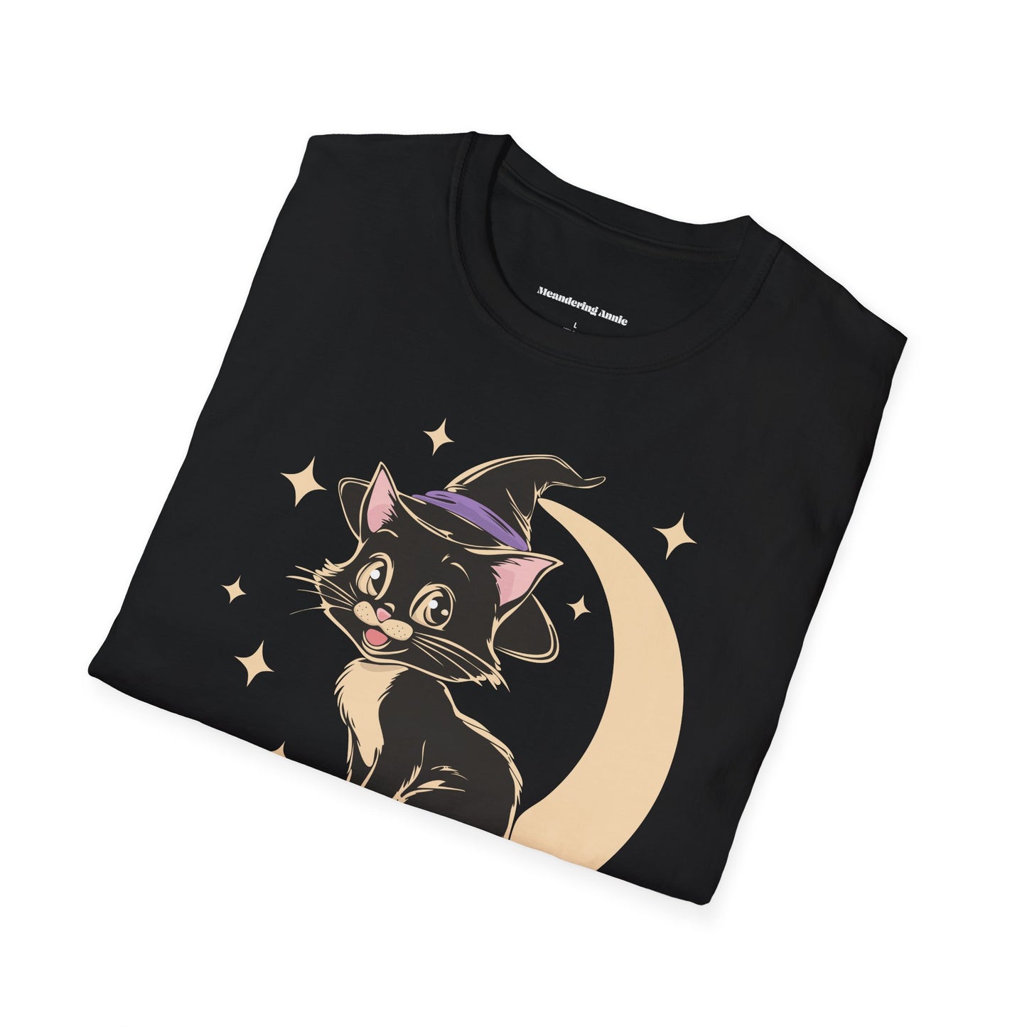 Witchy Kitty Cotton T-Shirt - Black Cat Halloween Graphic Tee with Retro Kitten and Witch Hat with Spooky Crescent Moon Print