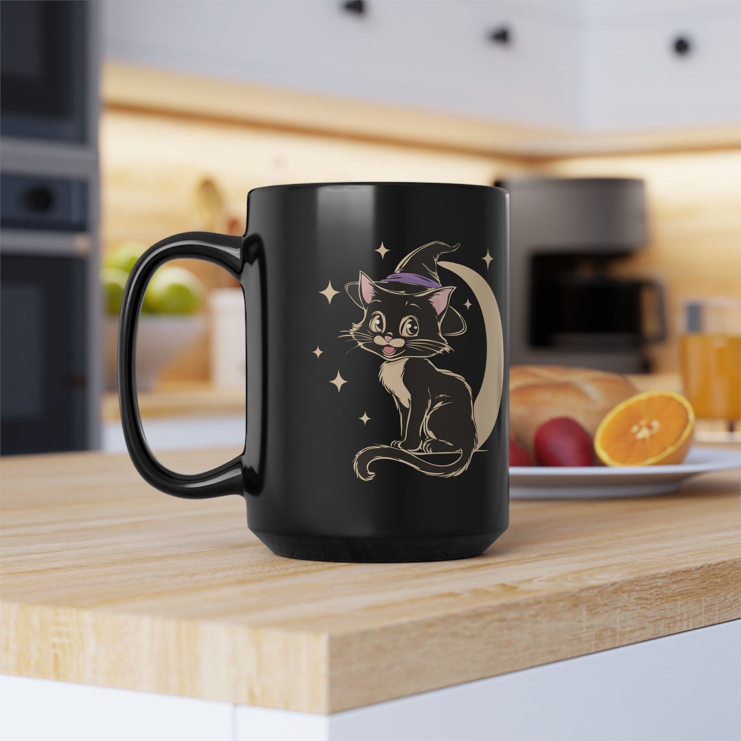 Witchy Kitty Black Ceramic Coffee Mug (11oz, 15oz) with Spooky Halloween Black Cat with Witch Hat & Moon Print