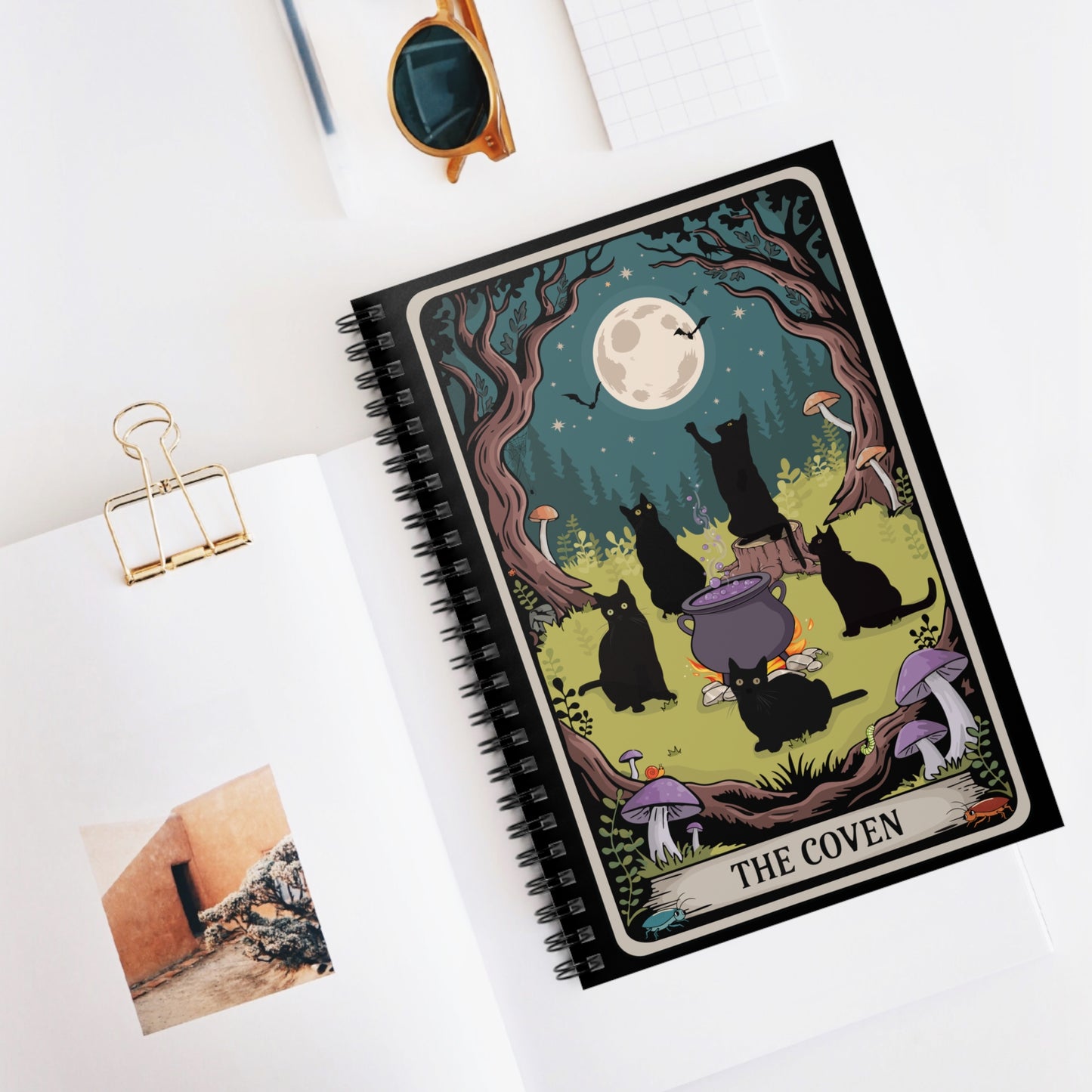 Mystical Black Cats Coven Tarot Card Notebook | 6"x8" Spiral Bound Lined Note Book, Witchcraft Journal, Halloween Cat Lover Gifts