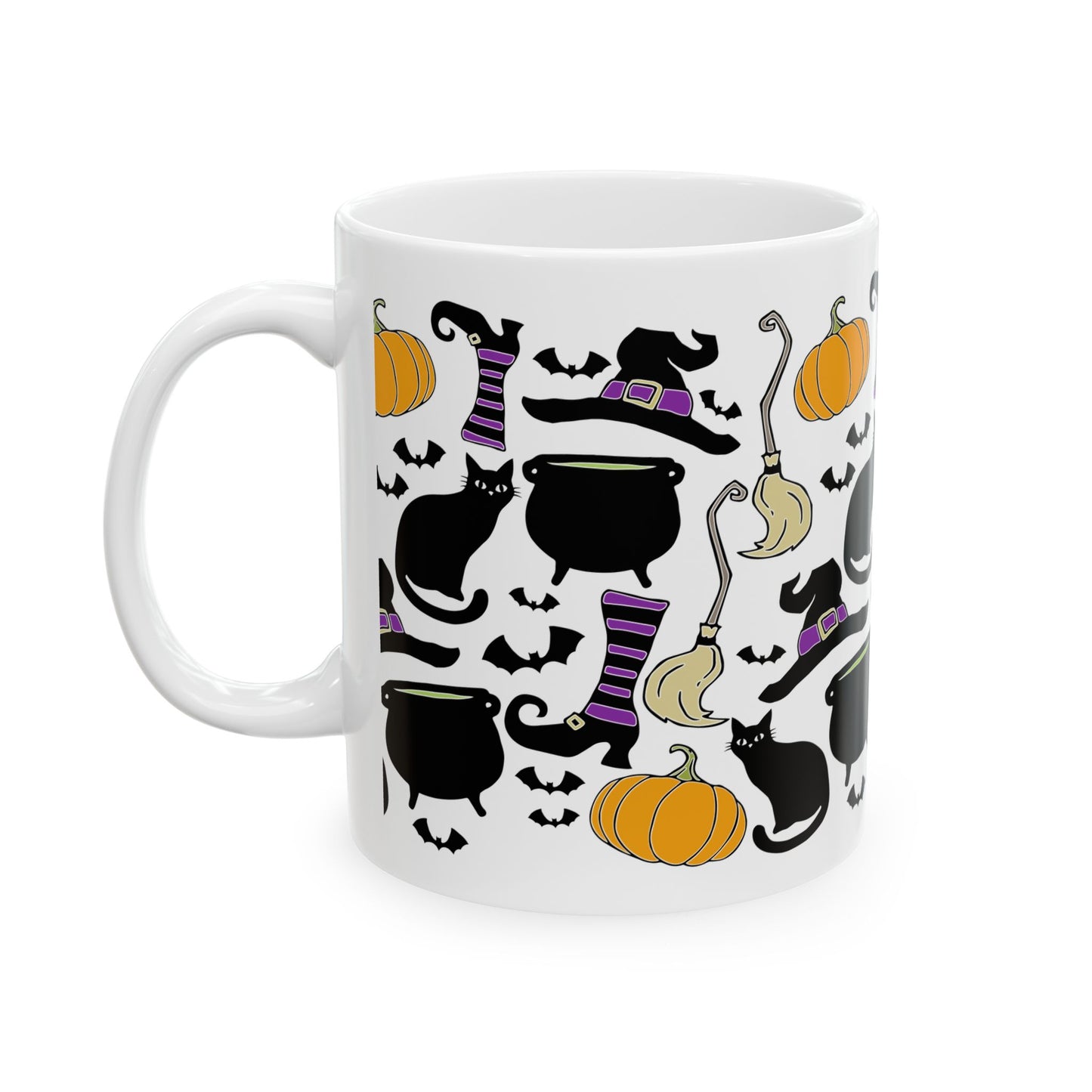 Witchy Things Halloween Ceramic Coffee Mug 11oz with Witch Hats, Black Cats, Pumpkins, Spooky Bats, & Cauldrons