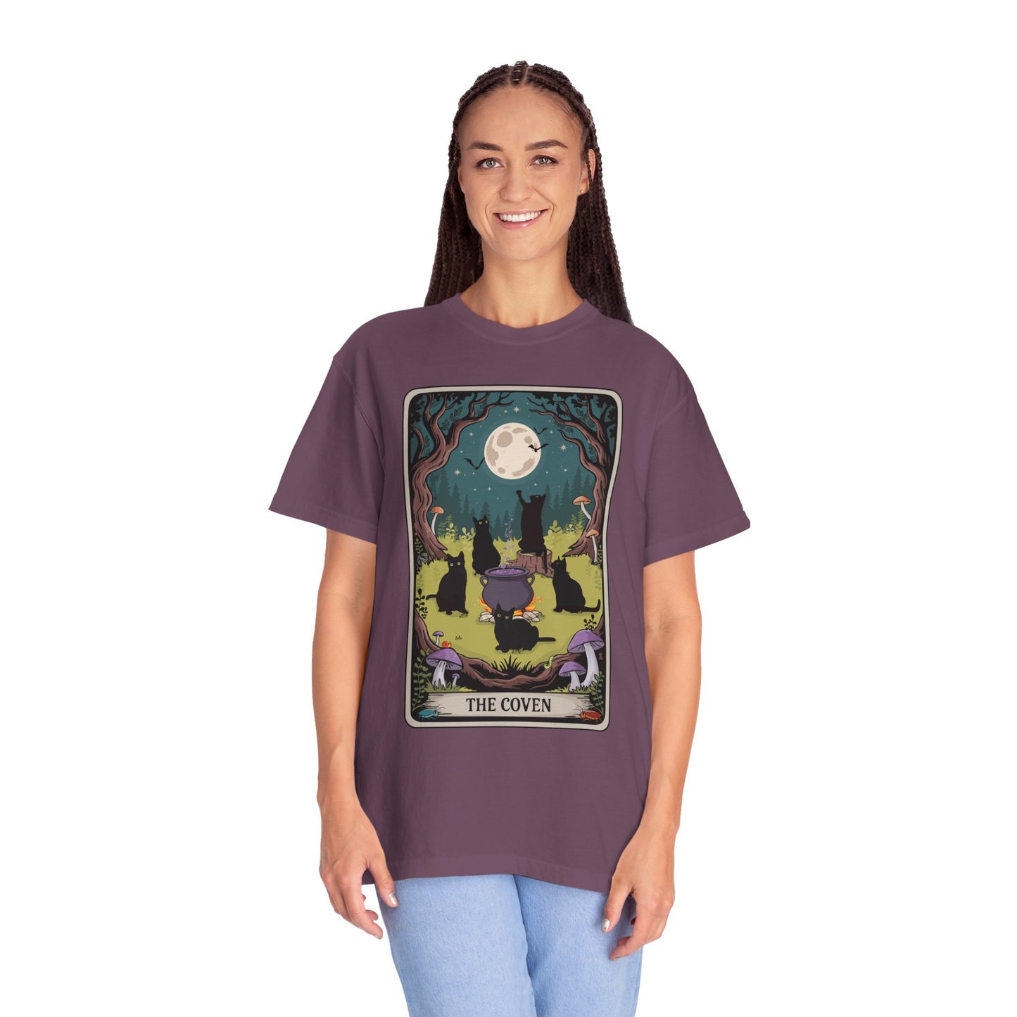 The Coven Tarot Black Cats T-shirt, Witchy Halloween Cat Tee, Full Moon Forest Cauldron Shirt, Wiccan Pagan Magic Top, Witch Gothic Apparel