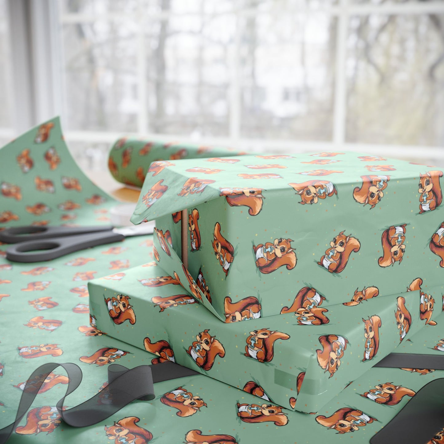 New Baby Squirrel Gift Wrap, Wrapping Paper for Baby Shower Gifts with Squirrels Design Boys Girls Gender Neutral Green Animal Print