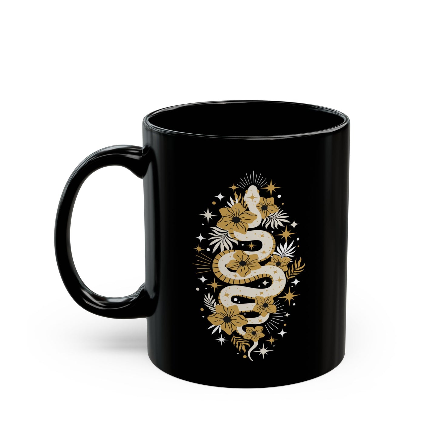 Mystic Golden Snake Black Mug, Boho Ceramic Coffee Cup, Unique Serpent Design, Coffee Mugs 11oz or 15oz Size