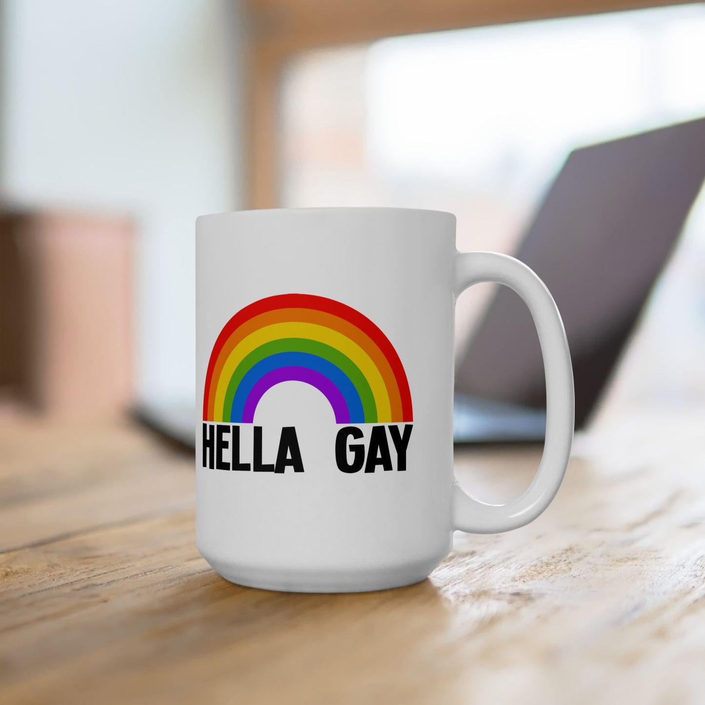 Hella Gay Rainbow Pride White Ceramic Coffee Tea Mug, (11oz, 15oz) Gift for LGBTQIA+