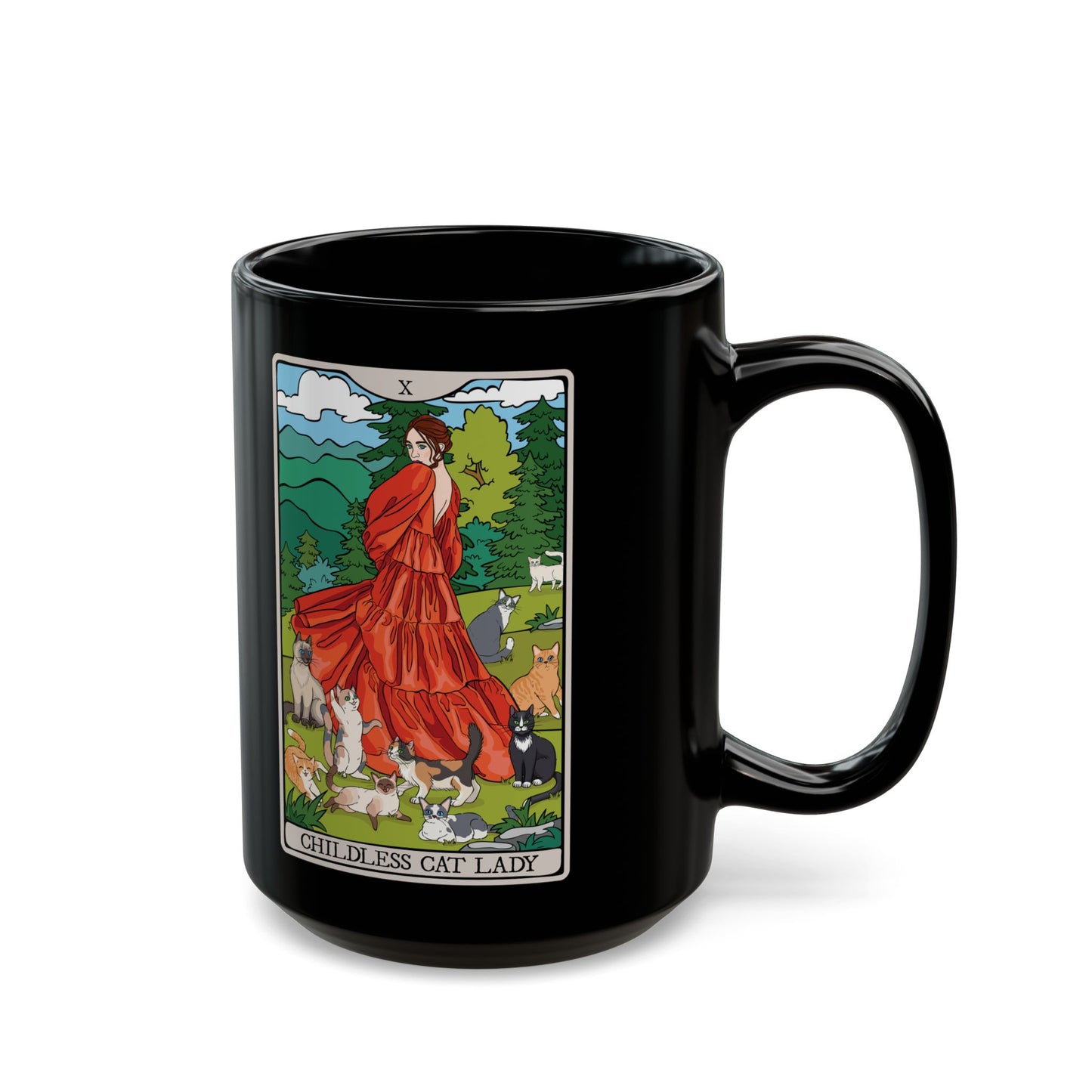 Black Mug - Childless Cat Lady Tarot Card Ceramic Coffee Cup, 15oz - Cat Lover Gift, Woman with Cats Mugs, Tarot Card Reader Gifts