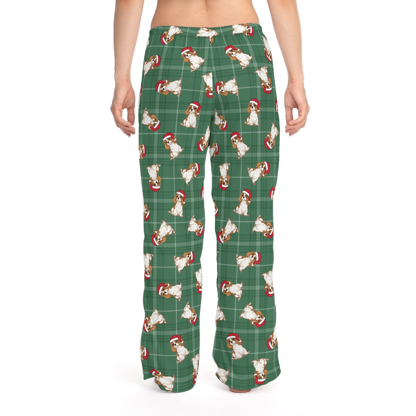 Blenheim Cavalier King Charles Spaniel Dog Womens Christmas Green Plaid Pajama Pants, Santa Dogs PJ Bottoms