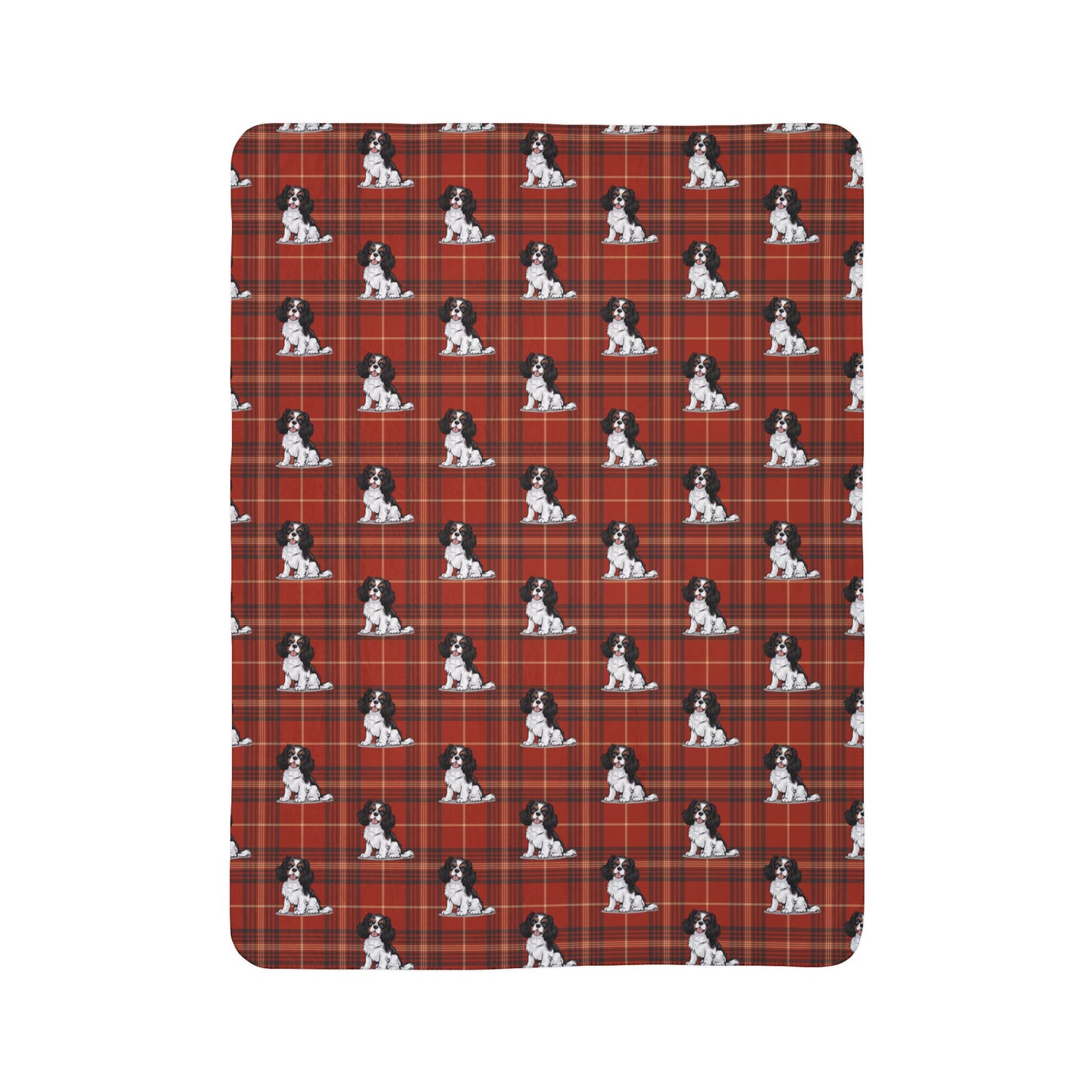 Tricolor Cavalier King Charles Spaniel Red Plaid Fleece Sherpa Blanket, Dogs Pattern Throw Blankets Bedding