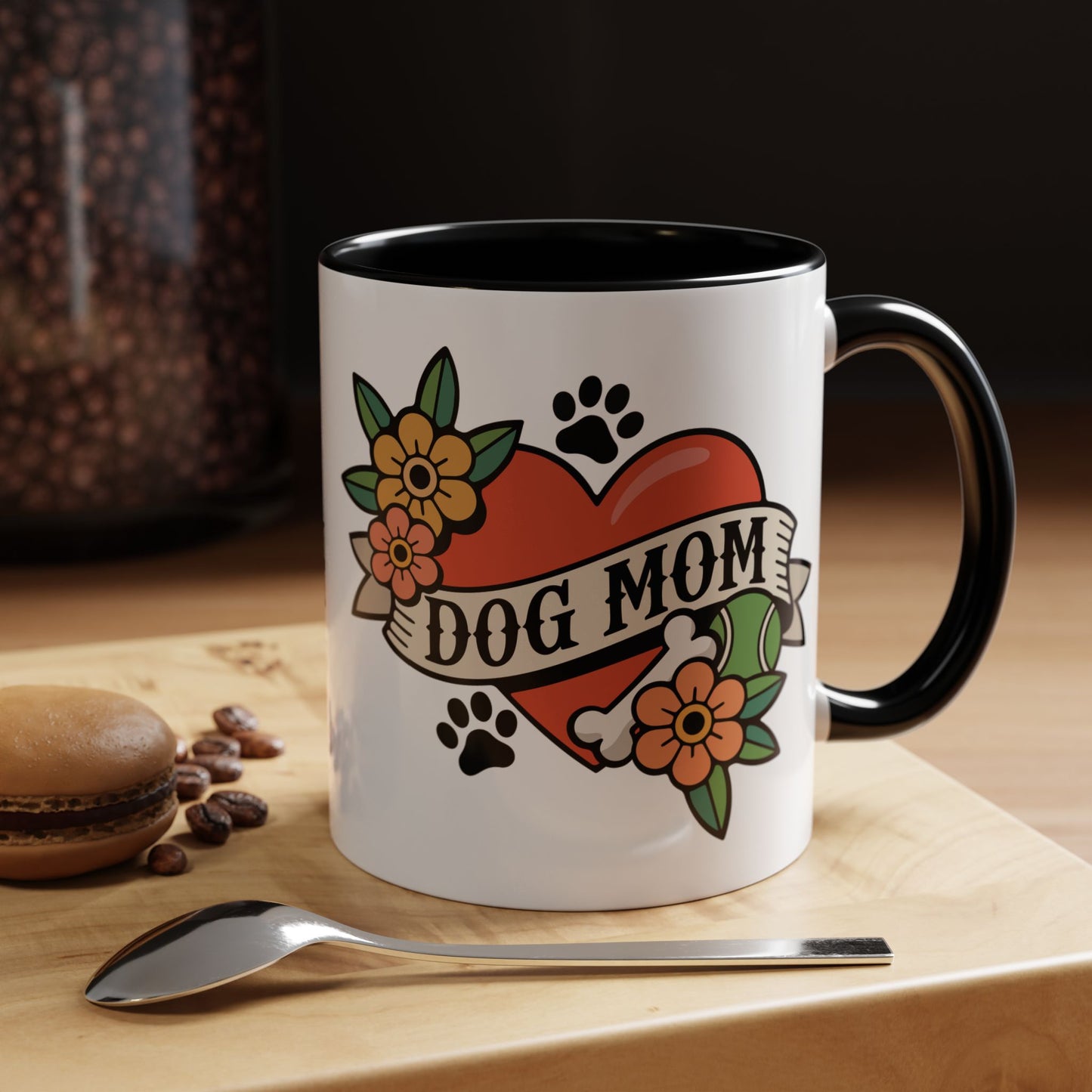 Dog Mom Heart Tattoo Design Black Accent Mug, 11oz Ceramic Tea Coffee Cup, Furbaby Dog Lady Pet Mugs