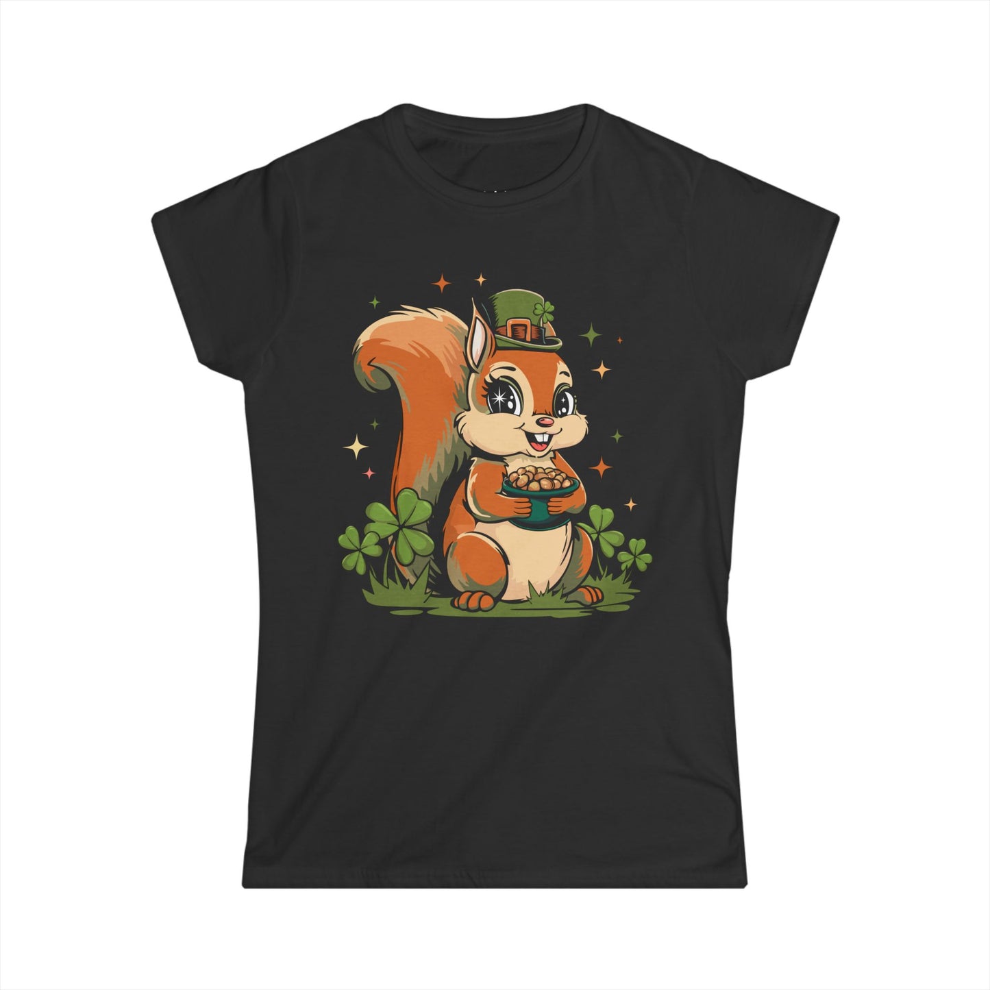 St Patrick's Day Women's T-Shirt with Leprechaun Squirrel, Spring Holiday Tee Shirt, Lucky Charm Top, Short Sleeve Ladies T-shirts