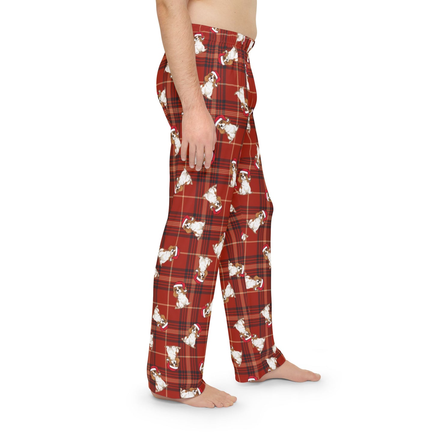 Red Plaid Cavalier King Charles Spaniel Dog Men's Christmas Pajama Pants, Santa Dogs PJ Bottoms, Winter Loungewear, Holiday Sleepwear