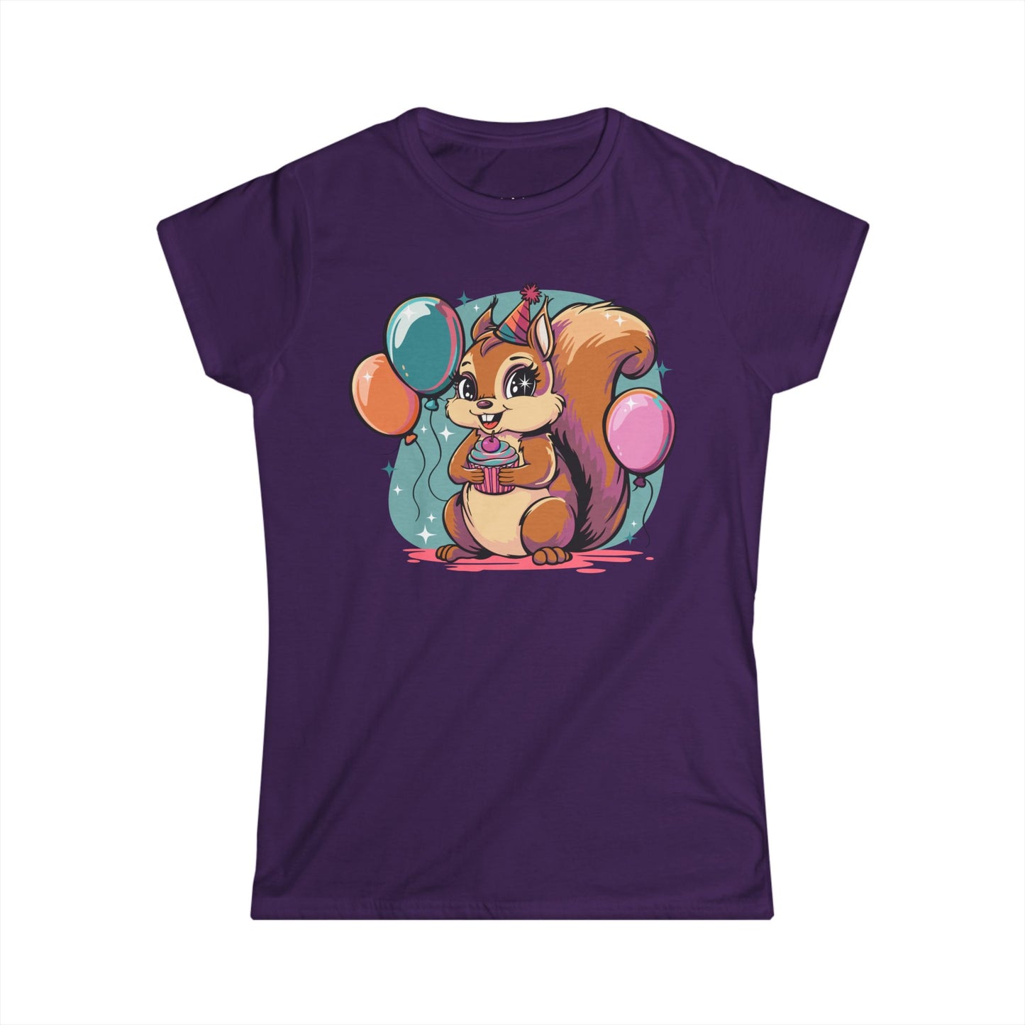 Happy Birthday Party Squirrel Women's T-shirt Squirrels Balloons Cupcake Short Sleeve Tee Celebration Ladies B-day Outfit Top