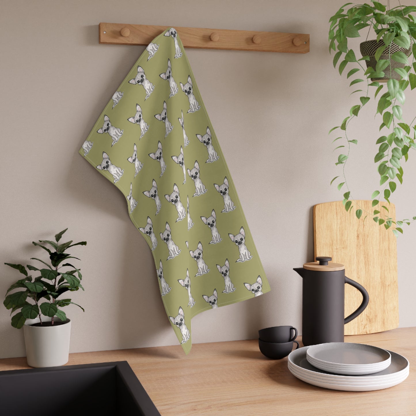 Green Chihuahua Puppy Tea Towel, Cute Kitchen Hand Towels Decor, Dog Lover Gift, Pet Owners Gifts