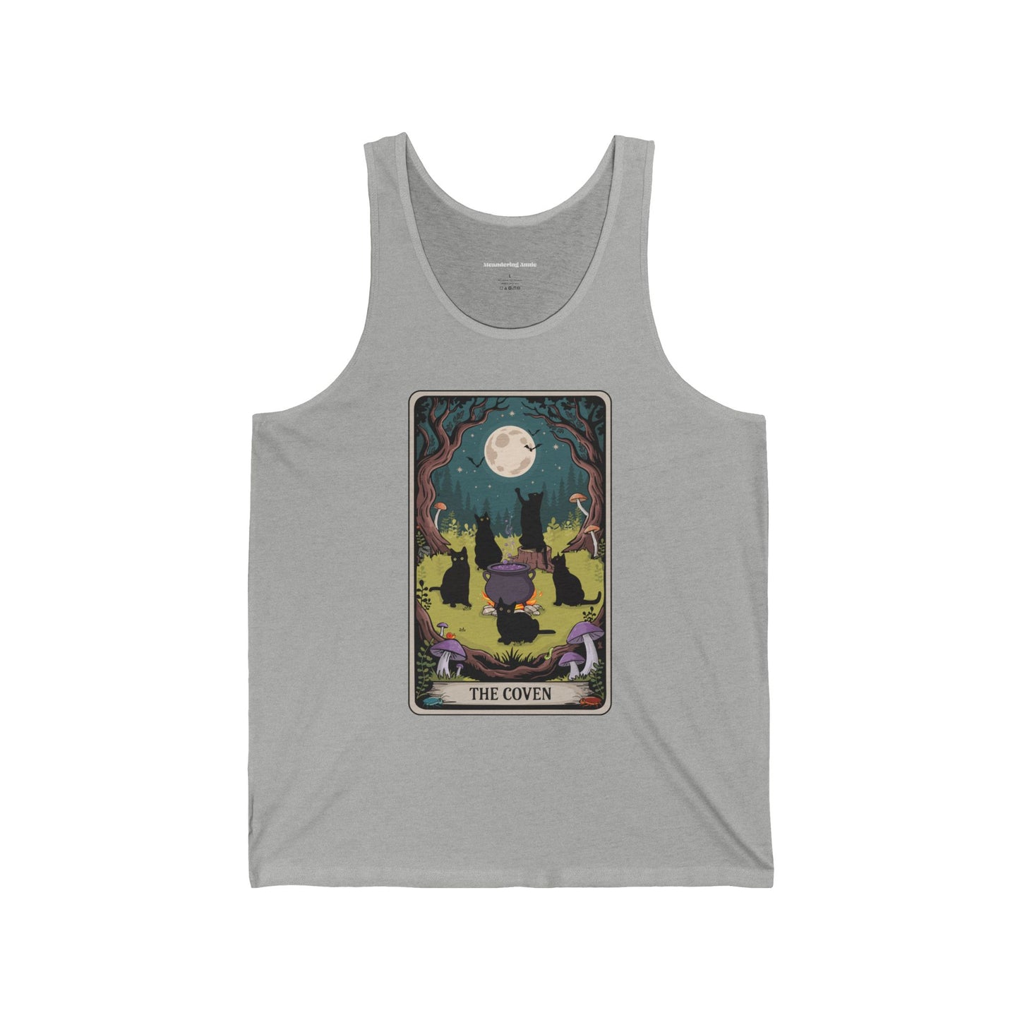 Witchy Cats Tank Top, Coven Tarot Card Unisex Tank Top, Halloween Black Cat Cauldron Sleeveless Shirt, Mens Womens Unisex Tops