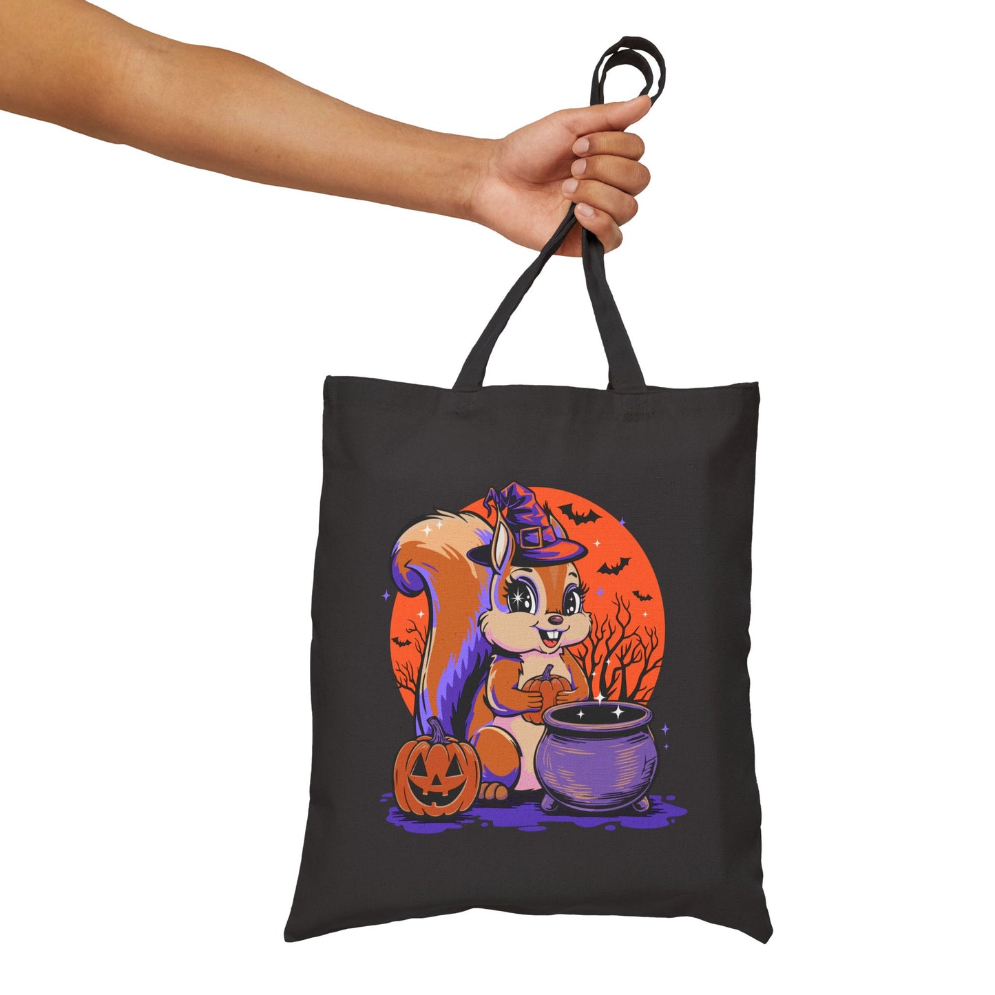 Witchy Squirrel Canvas Tote Bag, Halloween Witch Squirrels Pumpkin Cauldron & Bats, Spooky Cotton Trick-Or-Treat Bags