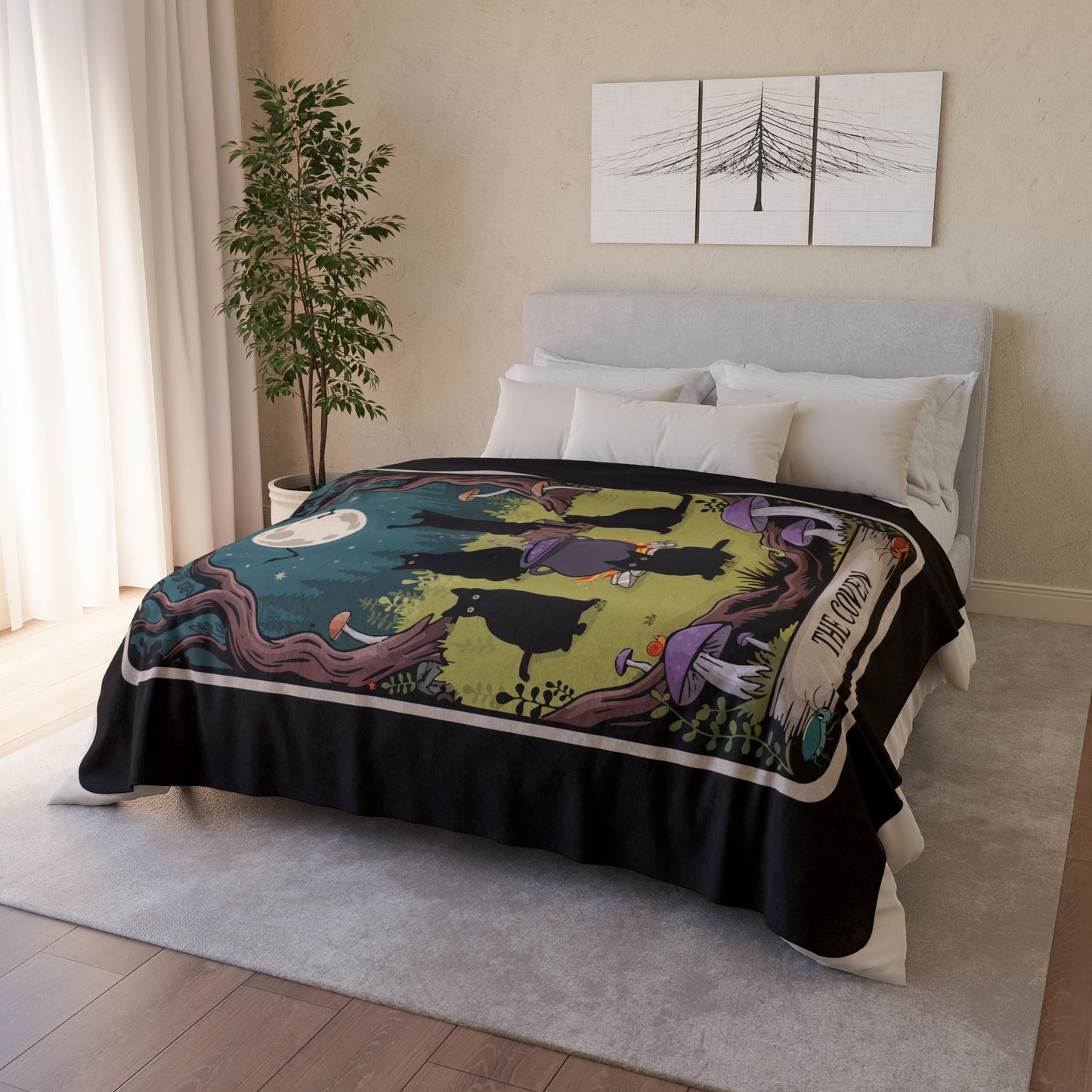 Magical Black Cats Coven Fleece Sherpa Blanket, Cozy Halloween Decor, Tarot Card Witchy Throw Blankets, Bedding Home Decor