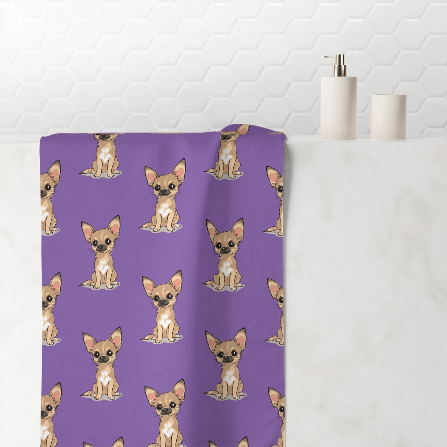 Beach Towel Chihuahua Puppy Dog Pattern Print, Chihuahuas Dogs Lavender Teal Mink-Cotton Bath Towel, Dog Lovers Pet Owners Gifts