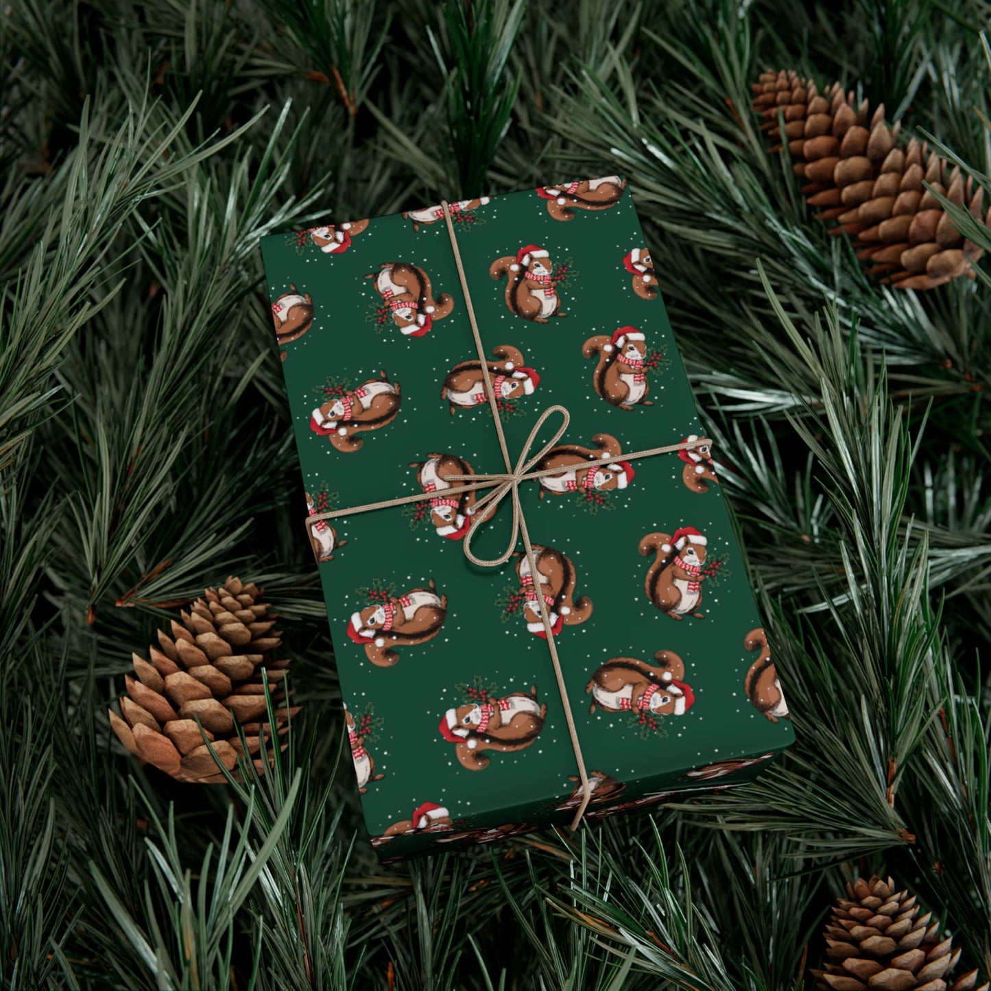 Squirrel Christmas Wrapping Paper, Festive Snowy Santa Squirrels Holidays Print, Sage Green Gift Wrap Xmas, Holidays Gifting Supplies