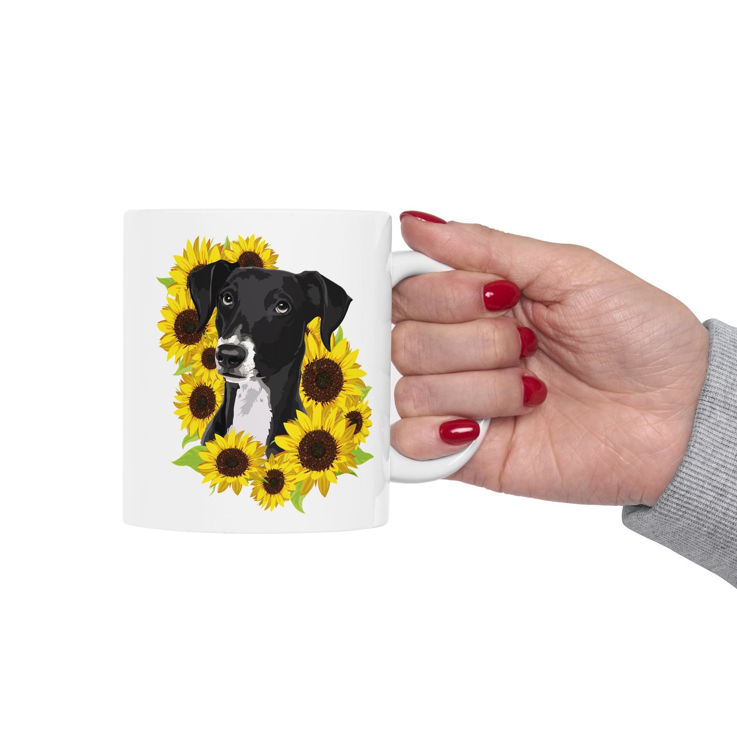 Marley Dog in Sunflowers Ceramic Coffee Mug 11oz - Black Lab Dog with Sunflower Art Print