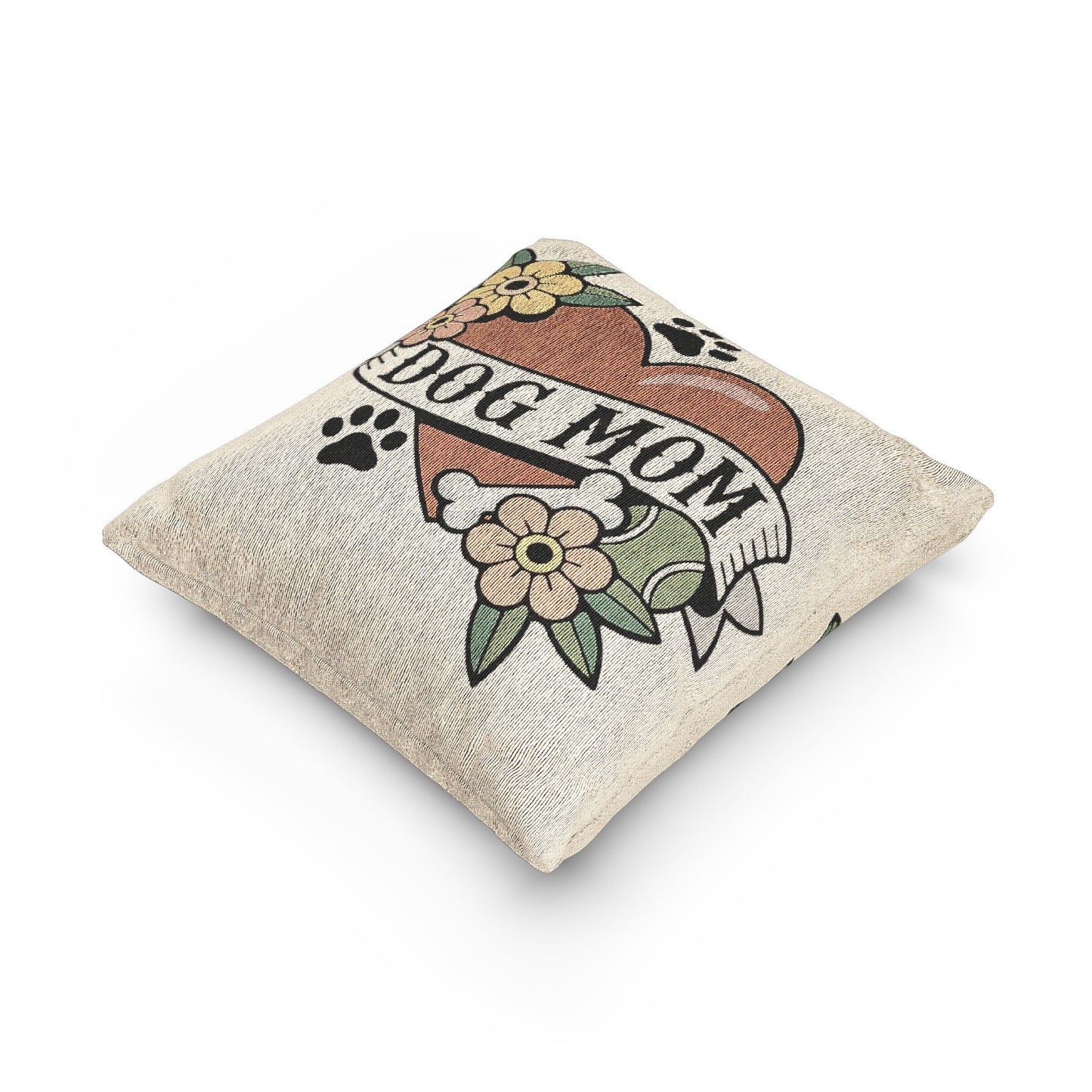Dog Mom Heart Tattoo Banner Throw Pillow | Woven Floral Paw Print Design Pillows, Dog Lady Home Decor 17"x18"